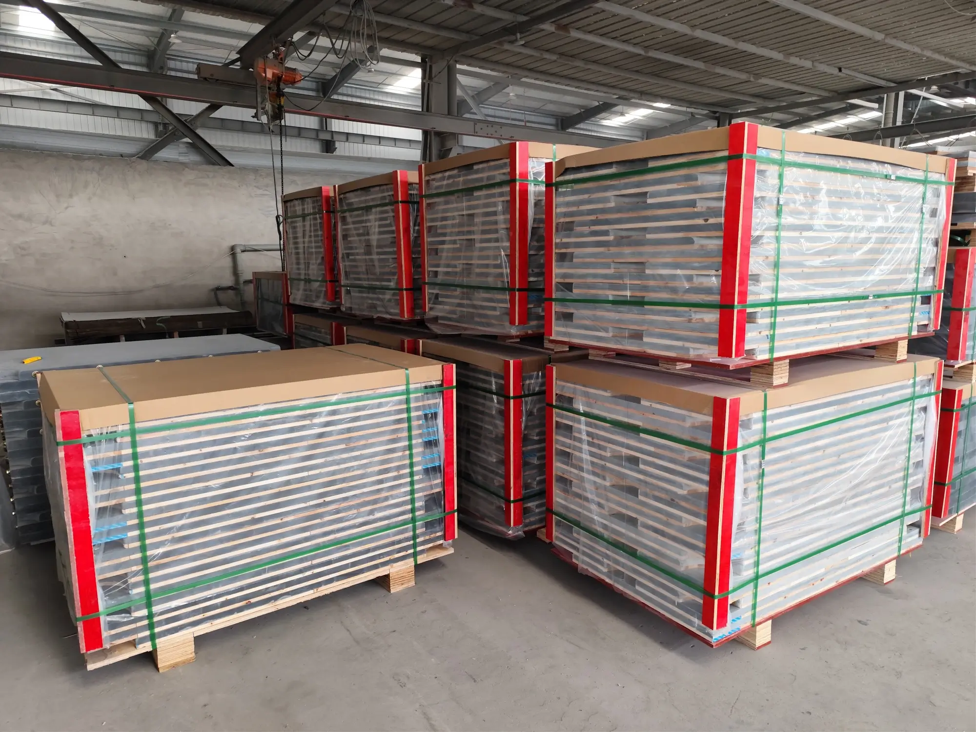 Billiard slate panels packed in an export crate for shipping Finished grey slate billiard panels packed upright in a wooden export crate with foam separators