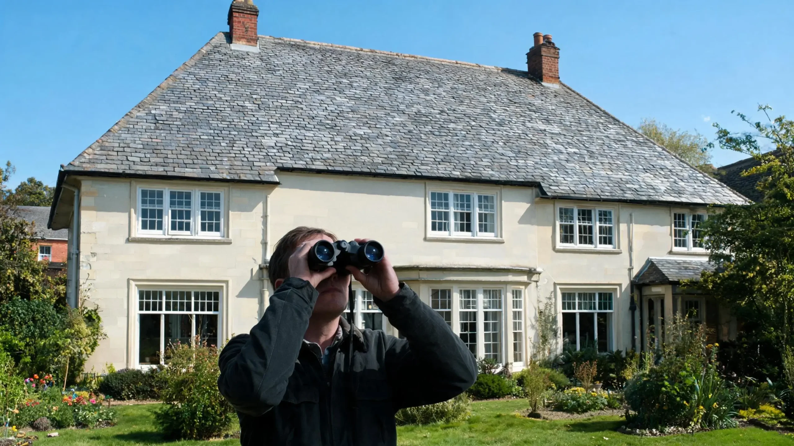 Slate Roof Maintenance Checklist 4 A person using binoculars from the ground to inspect a natural slate roof on an English house