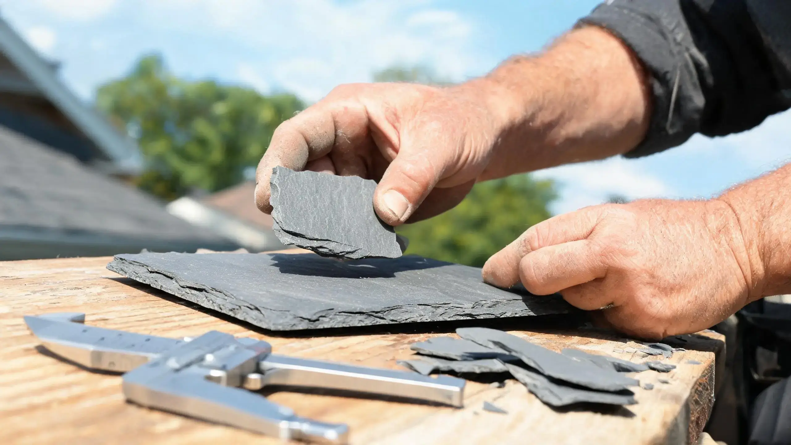 Roofer comparing a broken slate fragment against a full tile to match colour and thickness