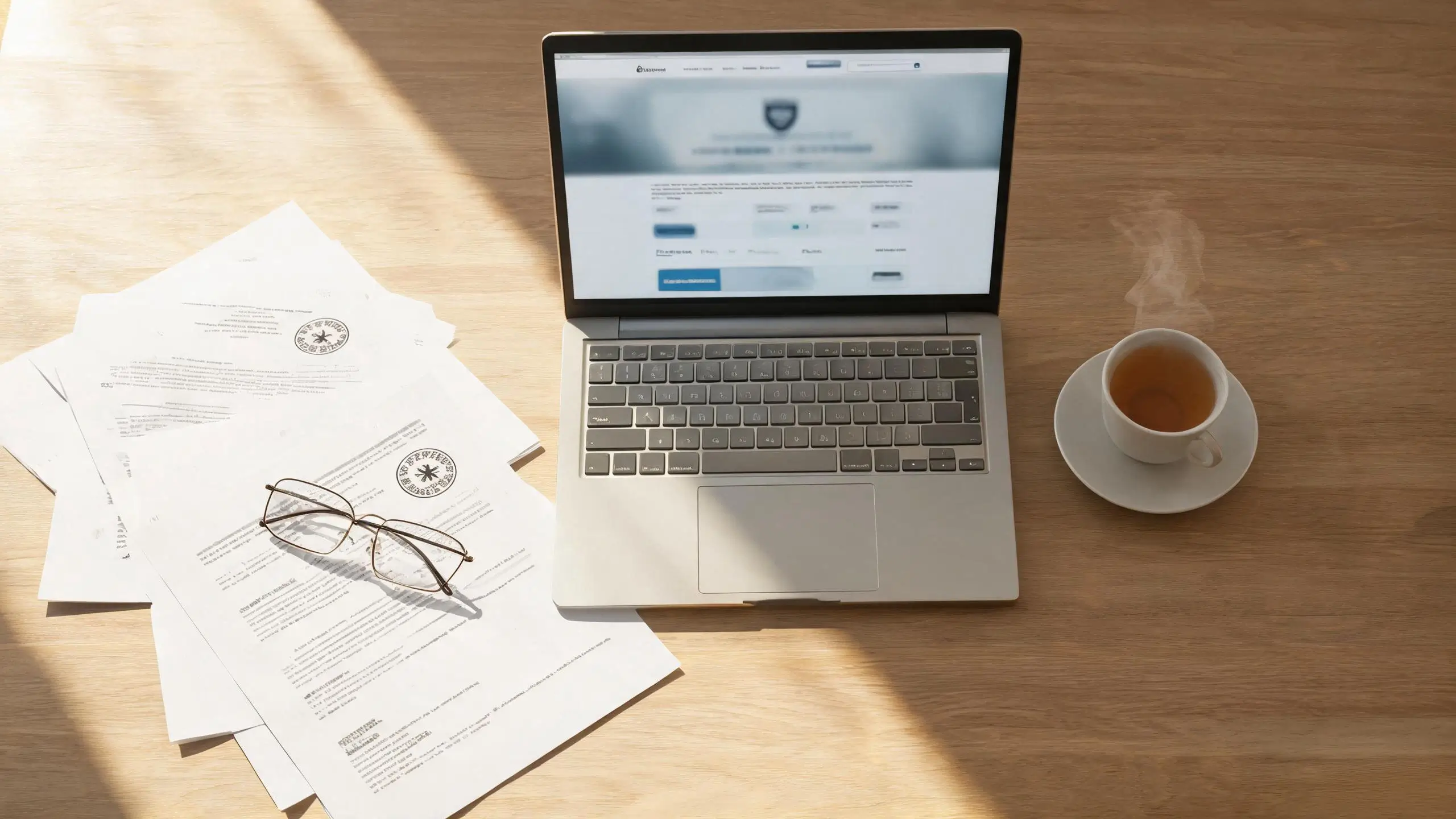 Business licence and company verification documents on a desk with laptop showing a government verification website