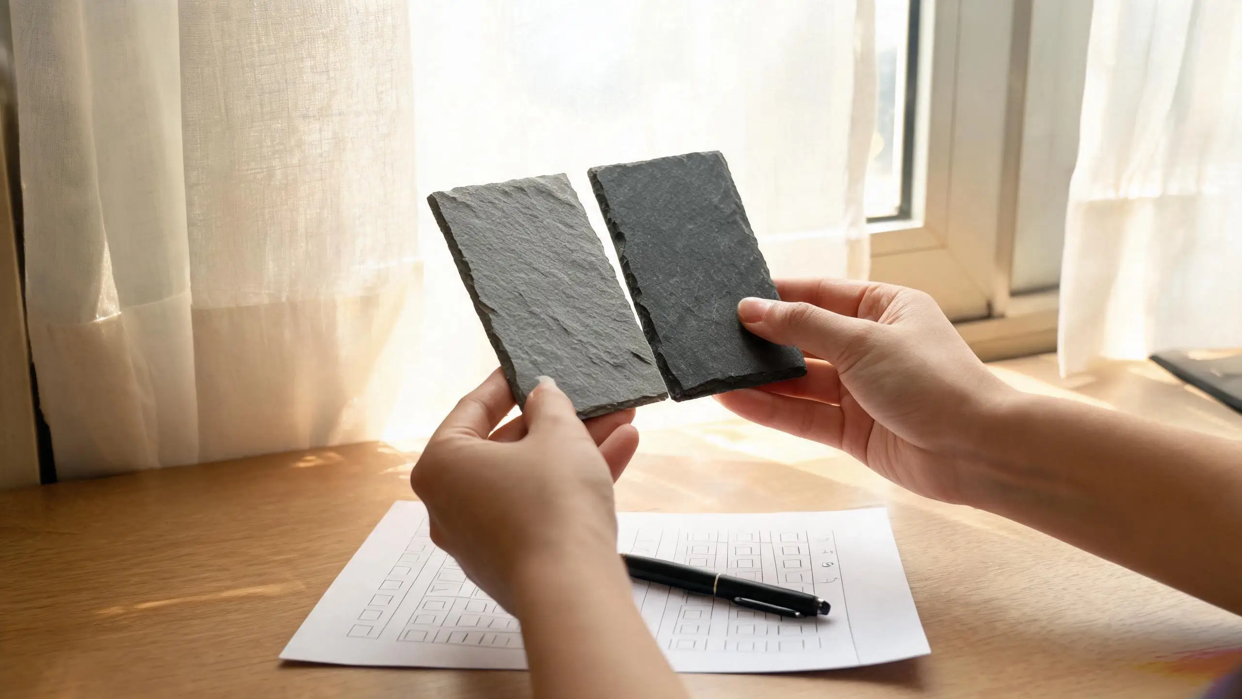 The real test — comparing physical slate samples before ordering Buyer comparing two slate samples for colour and texture