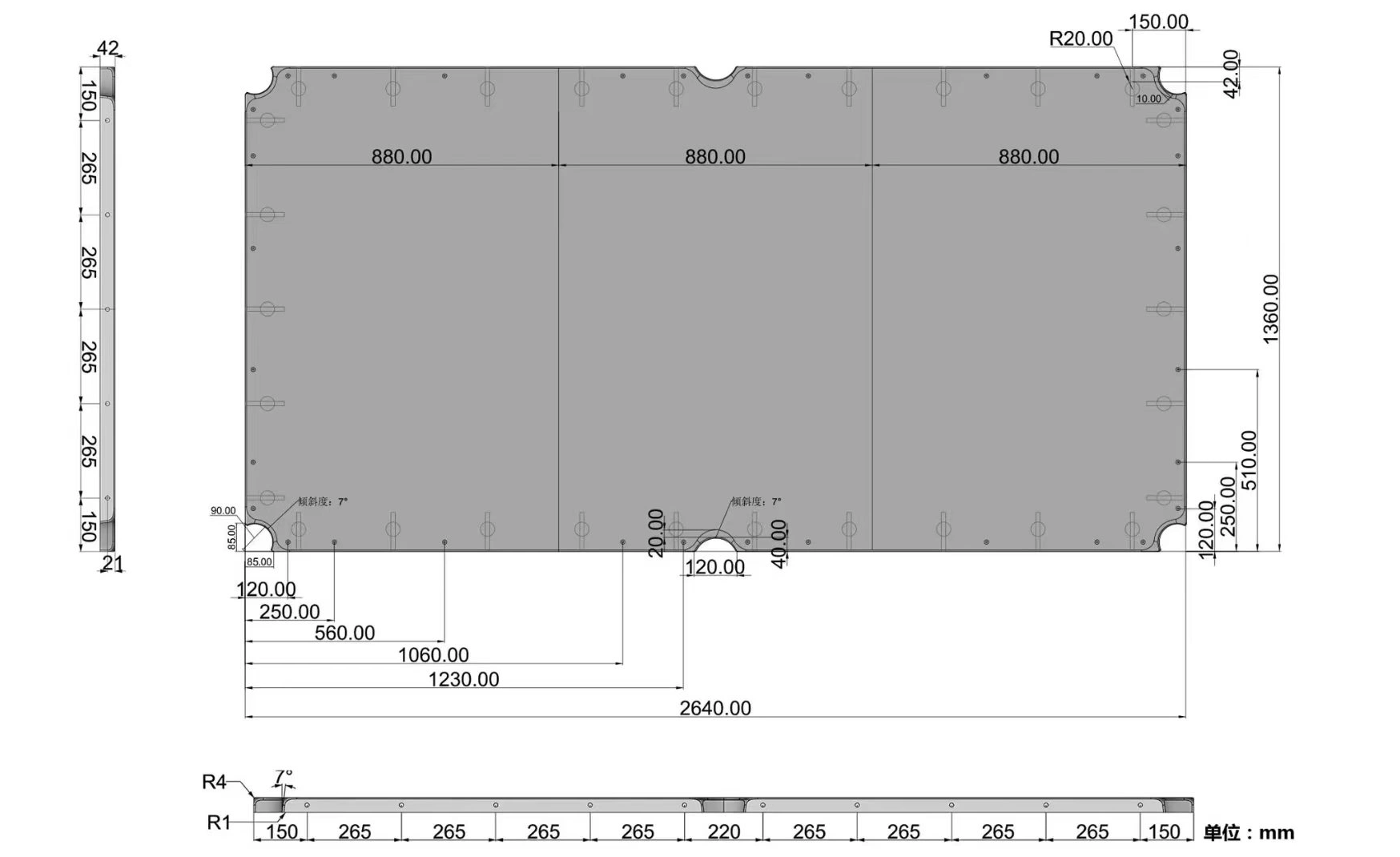 Chinese 8-ball slate production drawing 2640 x 1360 mm Production drawing of Chinese 8-ball table slate with a 2640 x 1360 mm overall outline in three 880 mm pieces, six rounded pocket cut-outs and a mounting-hole pattern