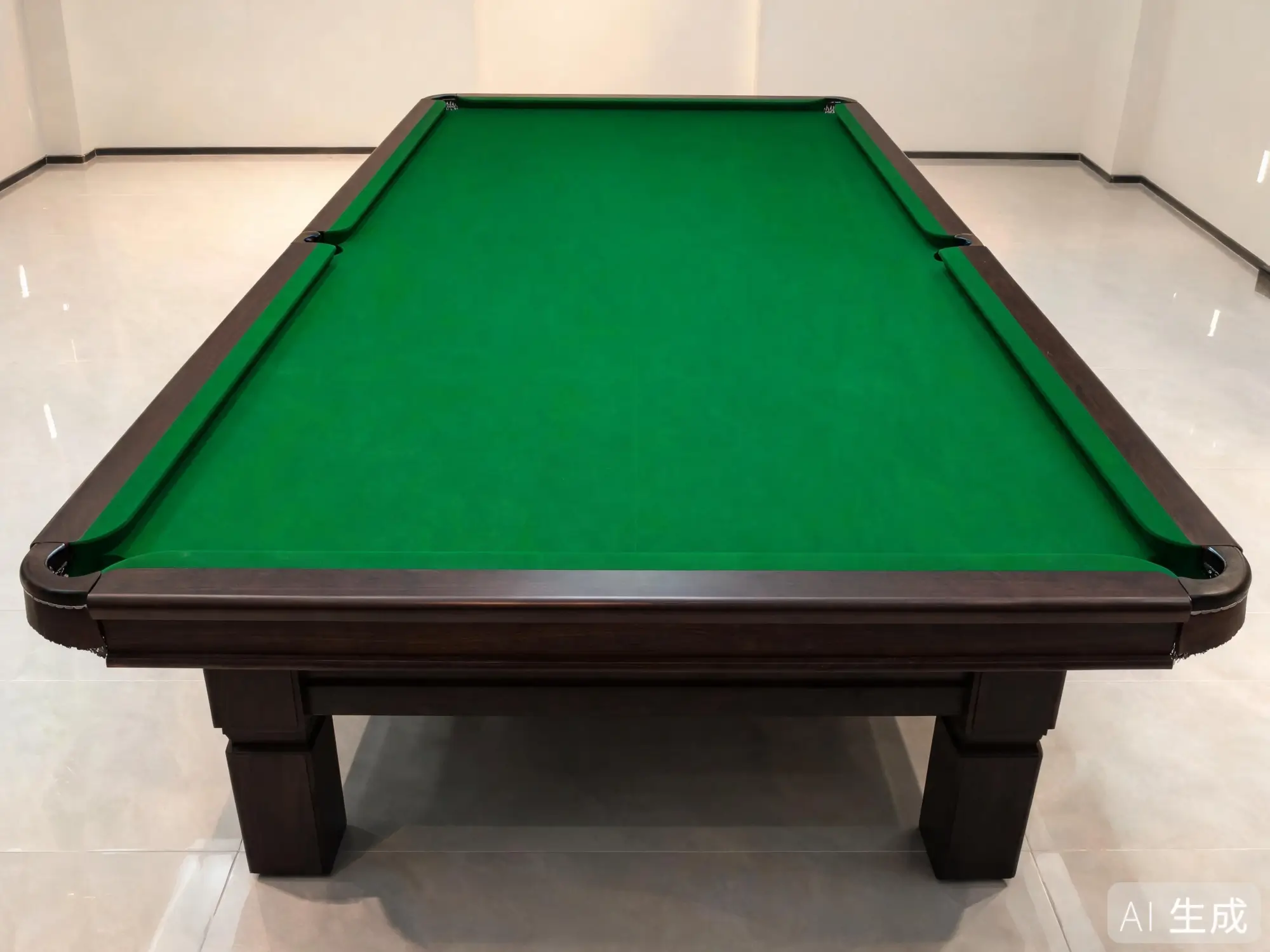 Chinese 8-ball table with rounded pockets Empty Chinese 8-ball billiard table with green cloth and rounded snooker-style pocket openings, viewed down its length