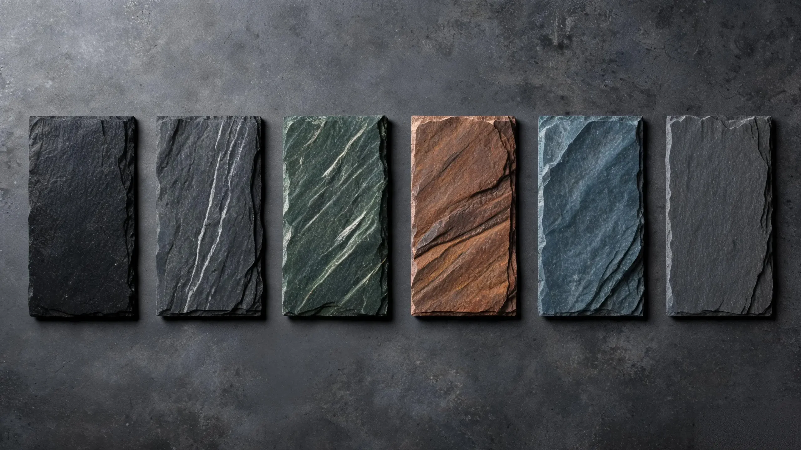 Six natural slate samples from different Chinese provinces showing colour and texture variation