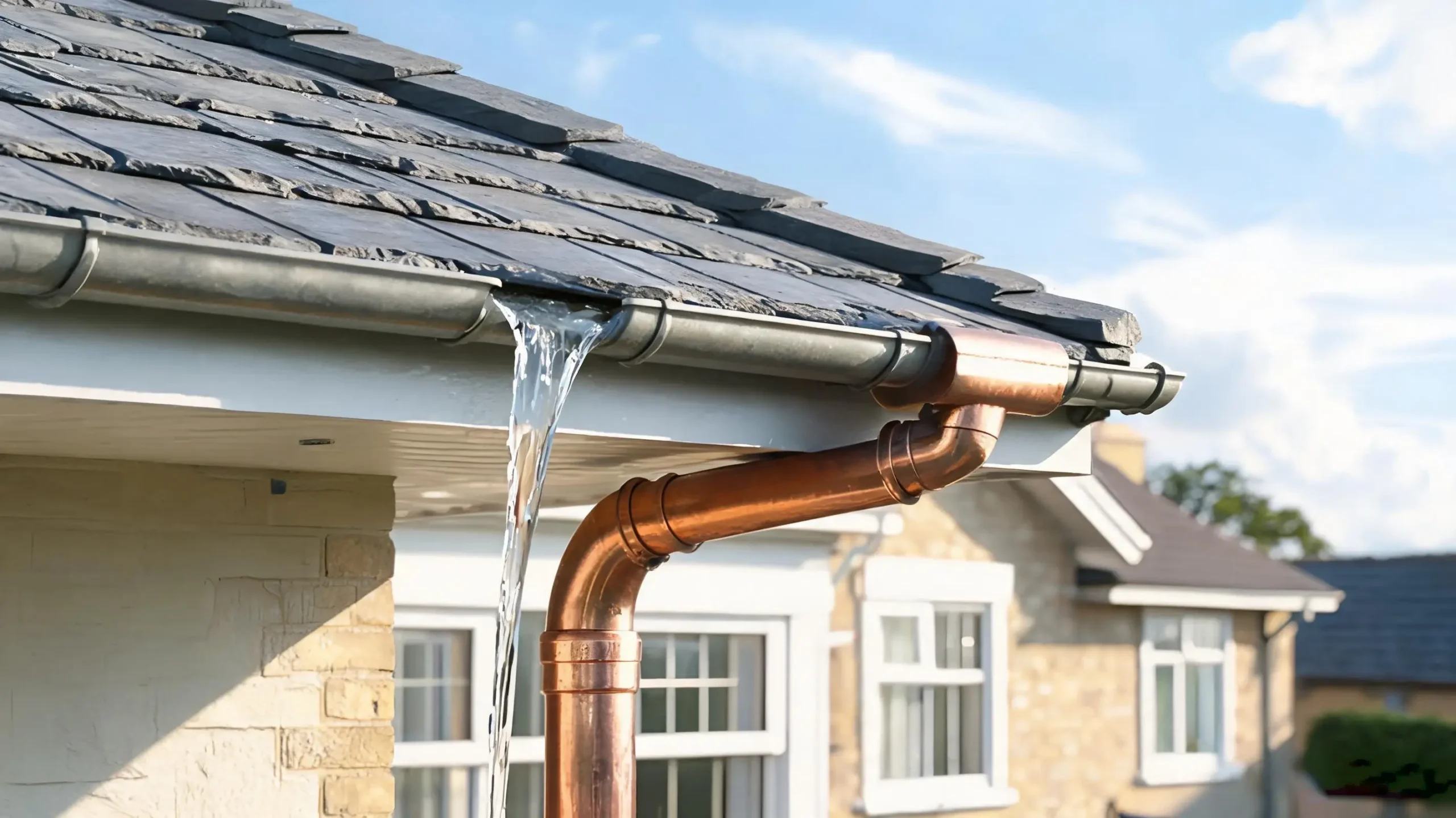 Slate Roof Maintenance Checklist 5 A clean well-maintained gutter at the edge of a slate roof with a copper downpipe and free-flowing water