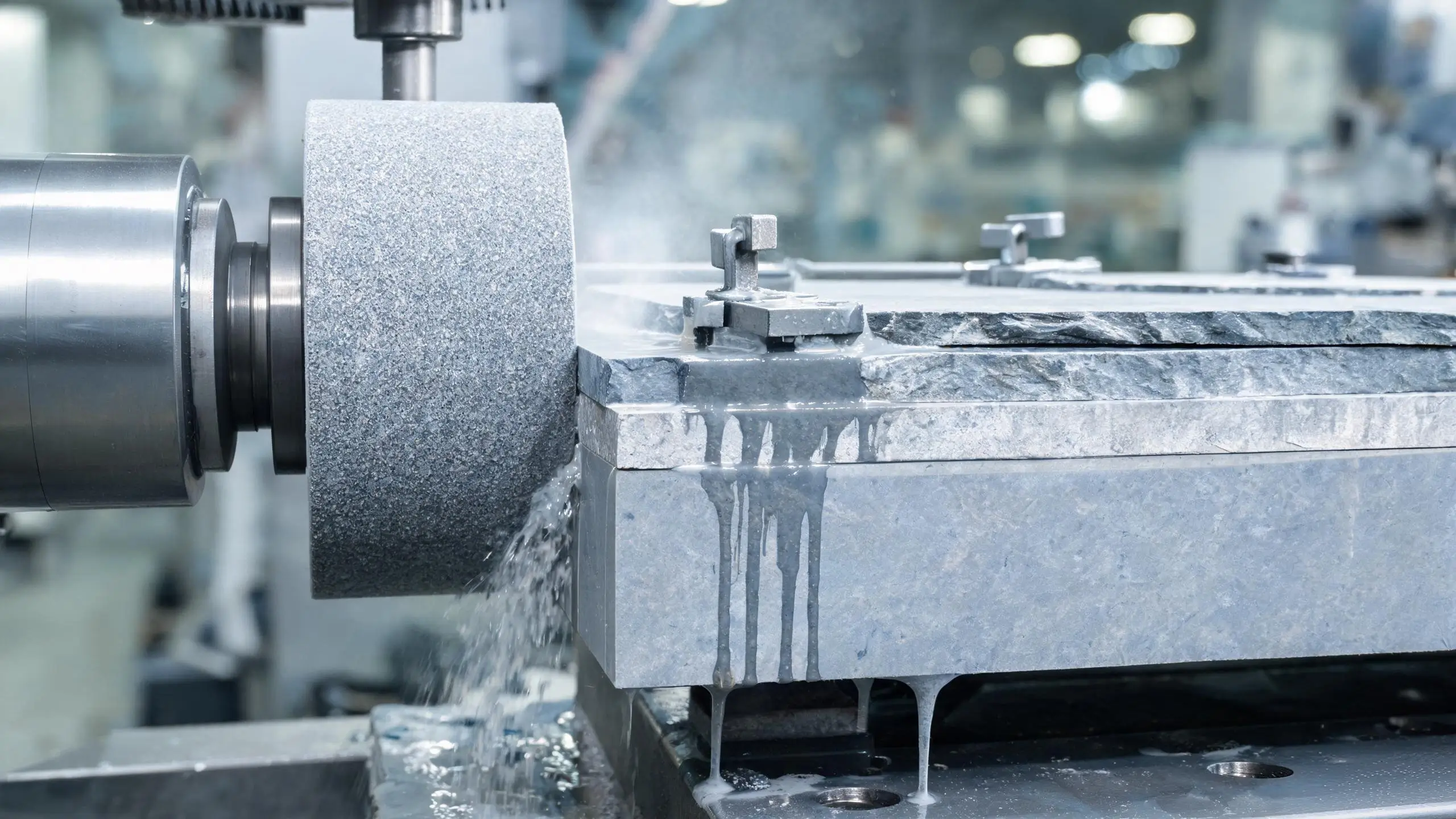 Horizontal cylindrical diamond wheel profiling the vertical edge of a slate panel
