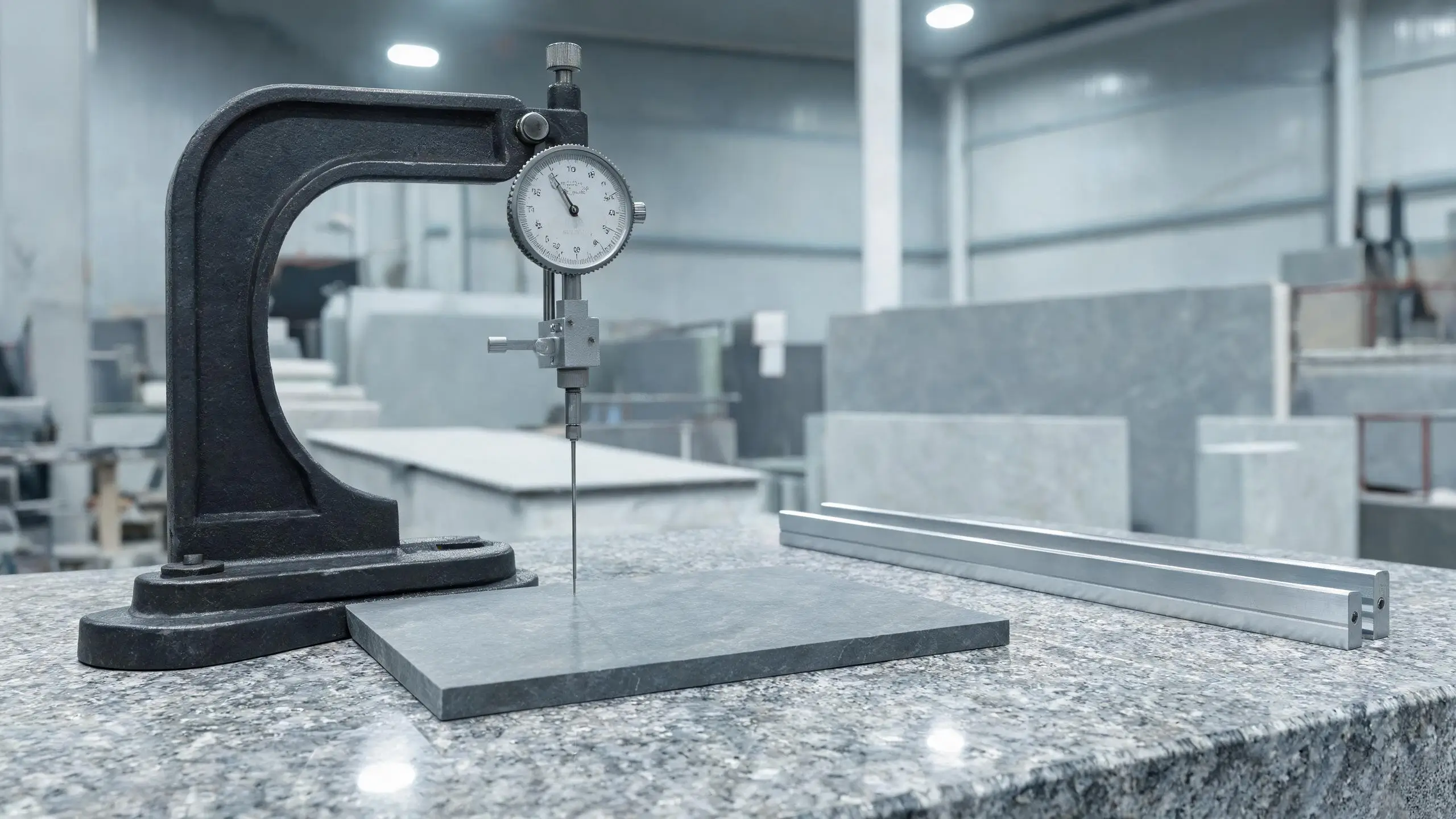 Dial indicator on a granite surface plate measuring the flatness of a slate panel