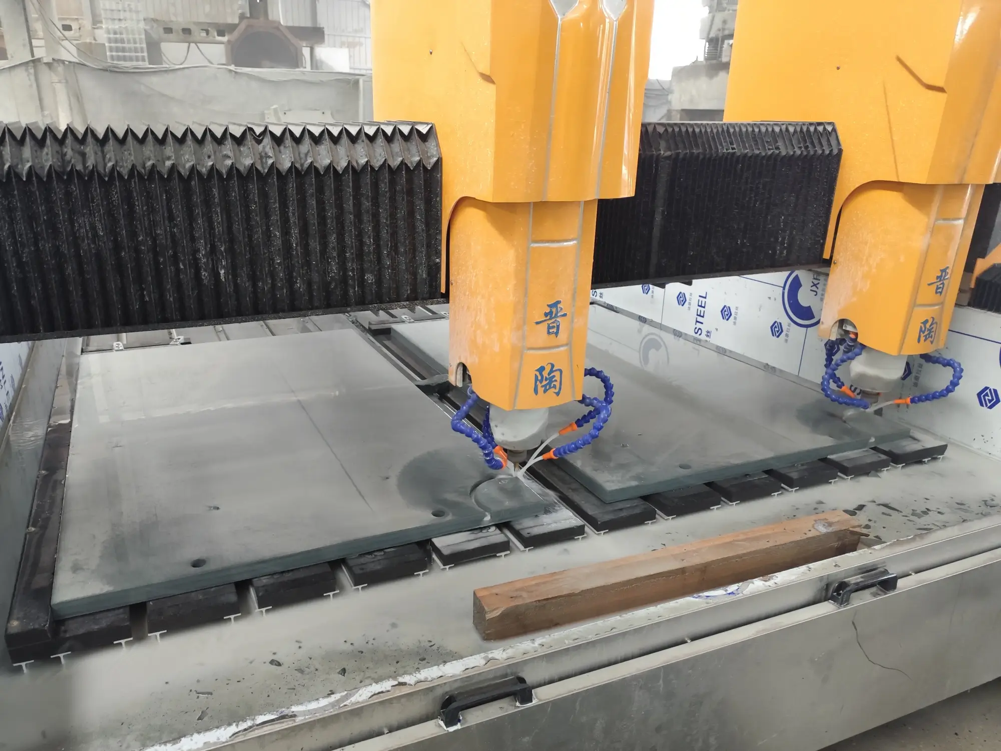Billiard Slate Technical Specifications 5 CNC machining centre processing a large billiard slate panel in factory