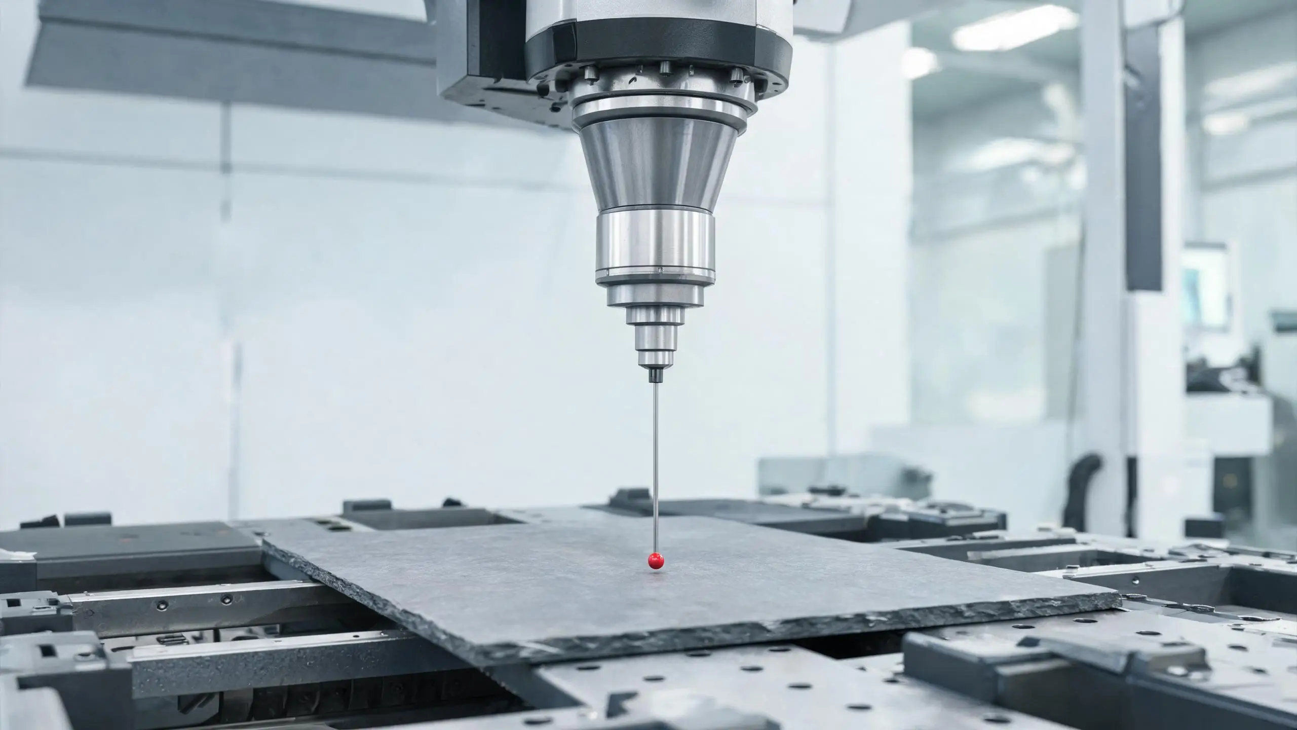 CNC touch probe with a ruby ball tip measuring a grey slate panel surface