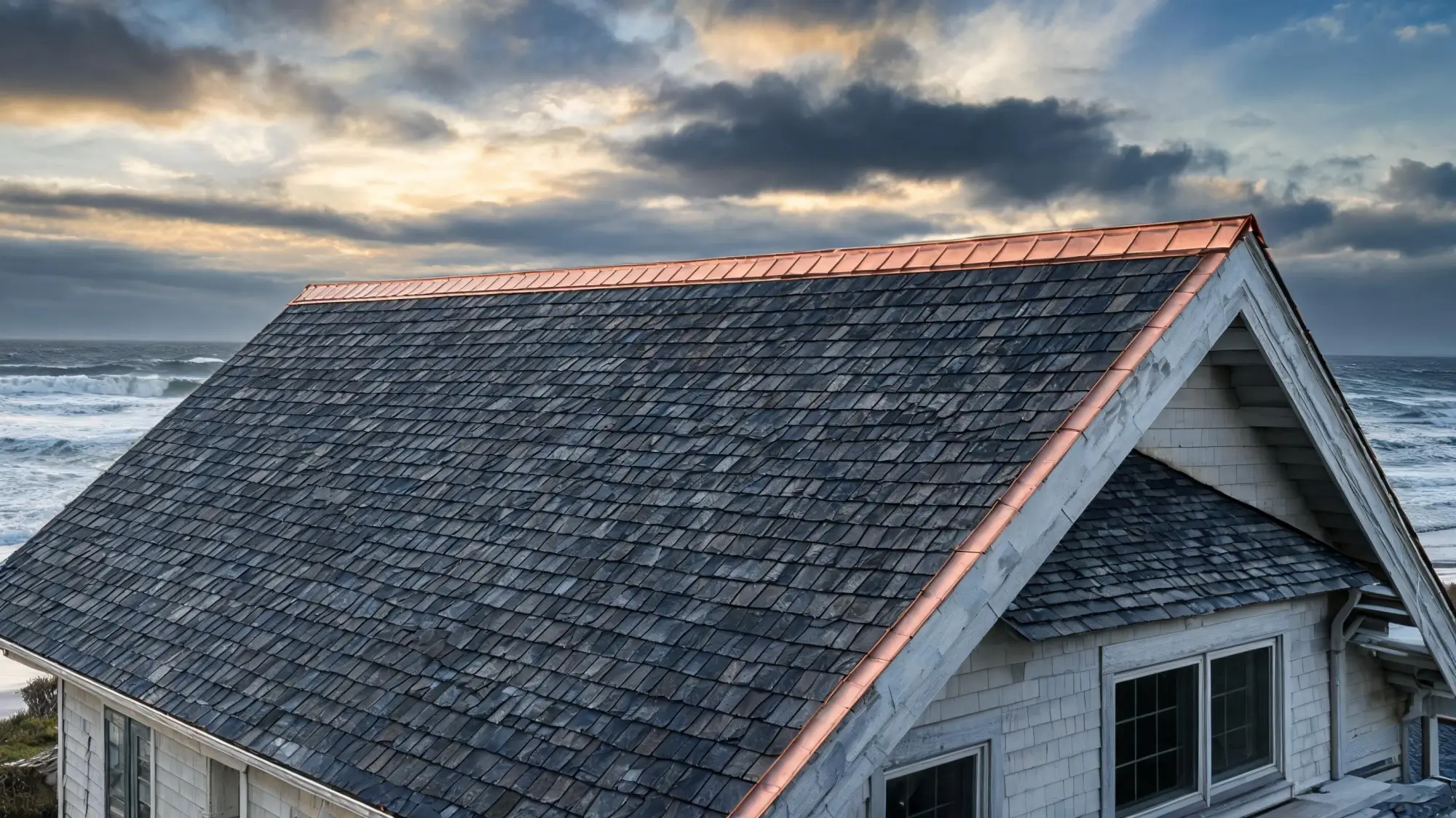 Coastal House with High-Wind Slate Roof Coastal house with slate roof designed for high-wind exposure, copper ridge detail
