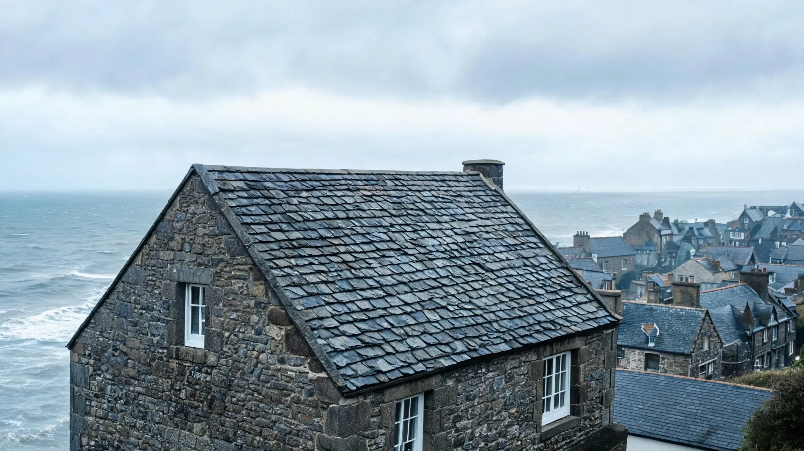 Jiujiang Roofing Slate in Cold and Coastal Climates 5 European coastal building with natural dark grey slate roof overlooking the sea in a salt-air environment