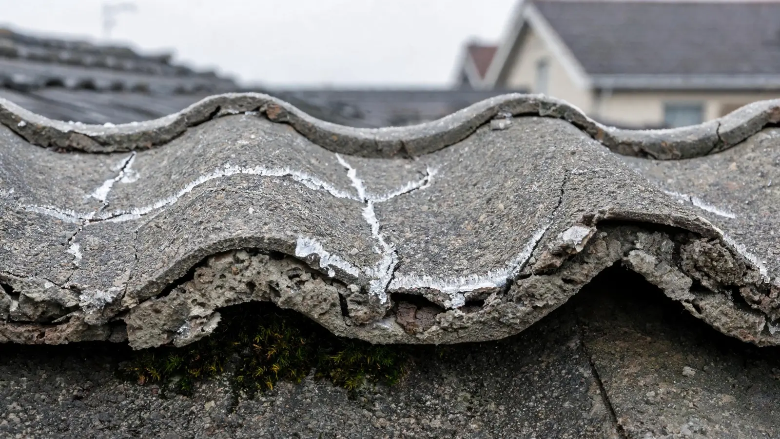 Cracked concrete roof tiles showing frost damage