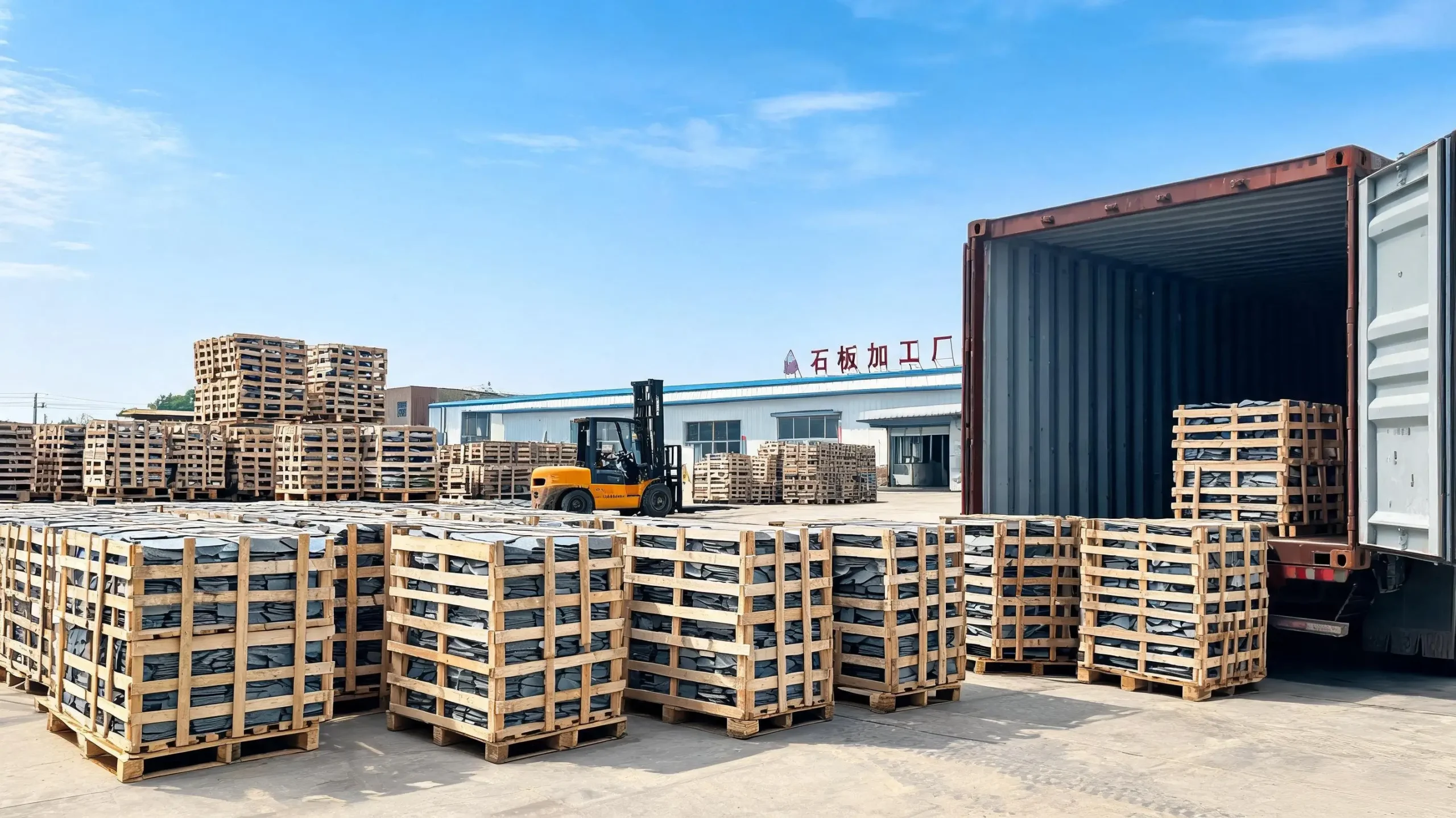 Jiujiang Roofing Slate in Cold and Coastal Climates 6 Wooden crates of roofing slate being loaded into a shipping container for export to cold and coastal markets