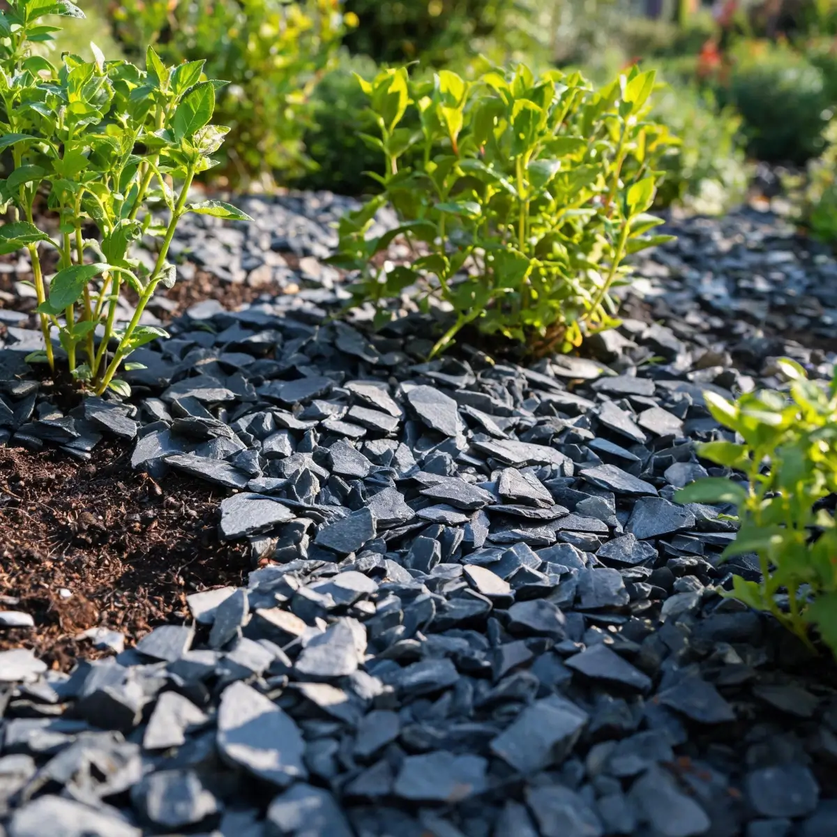 Can Roofing Slate Be Reused or Recycled? 5 Crushed slate aggregate used as garden landscaping mulch around plants