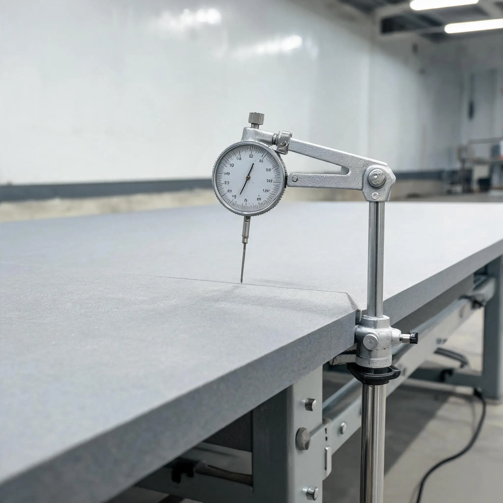 Dial indicator flatness check on a billiard slate panel Dial indicator gauge measuring flatness on a grey slate billiard panel surface