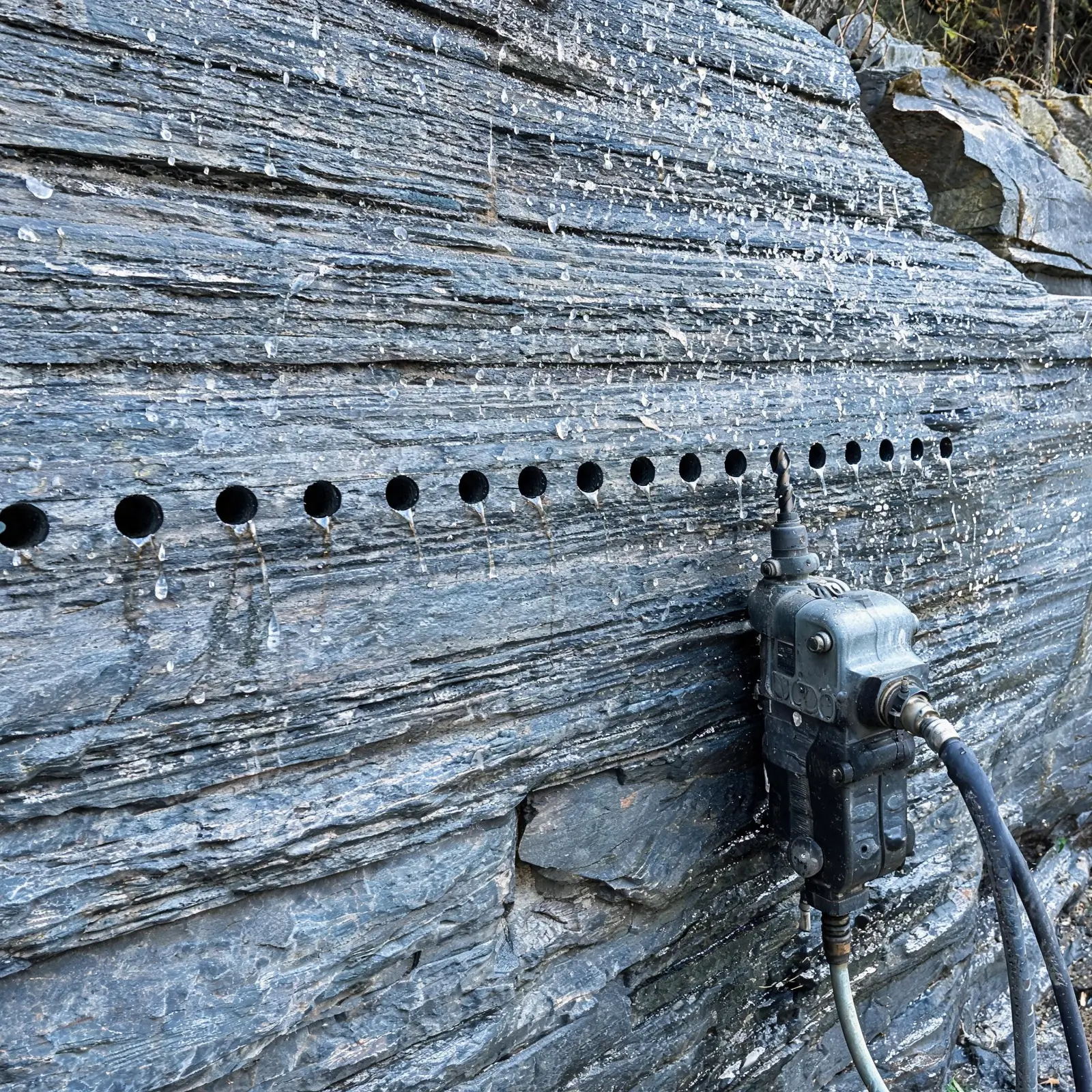 Drill hole pattern for wedge insertion in slate extraction Row of drill holes in a grey slate rock face, approximately 200 mm apart