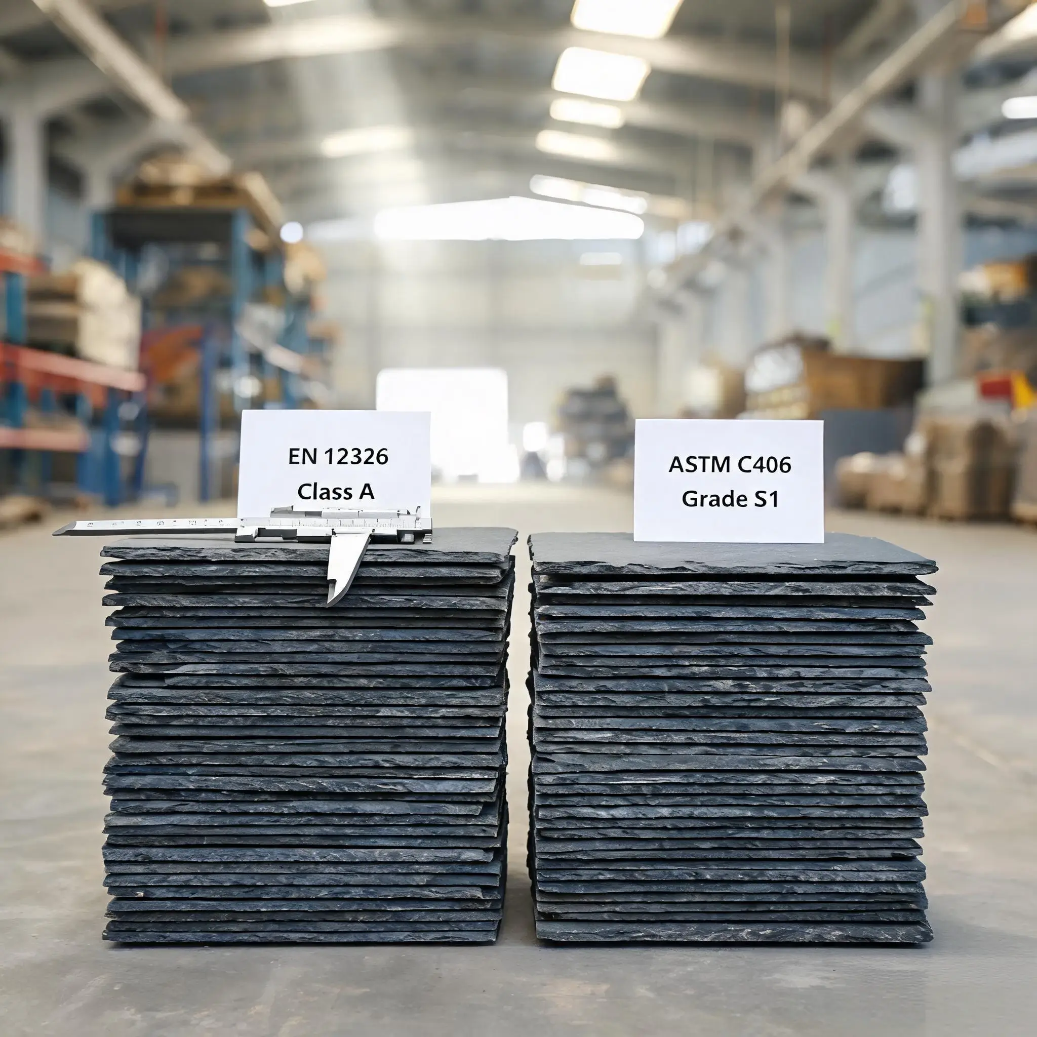 EN 12326 and ASTM C406: What They Test 1 EN 12326 and ASTM C406 test certificates side by side on a desk