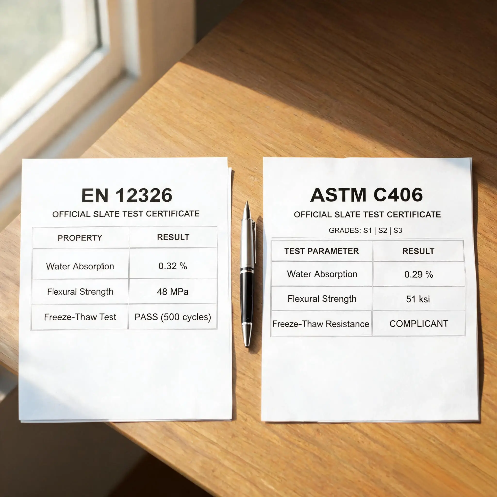 EN 12326 and ASTM C406: What They Test 5 two stacks of roofing slate tiles labelled EN 12326 Class A and ASTM C406 Grade S1