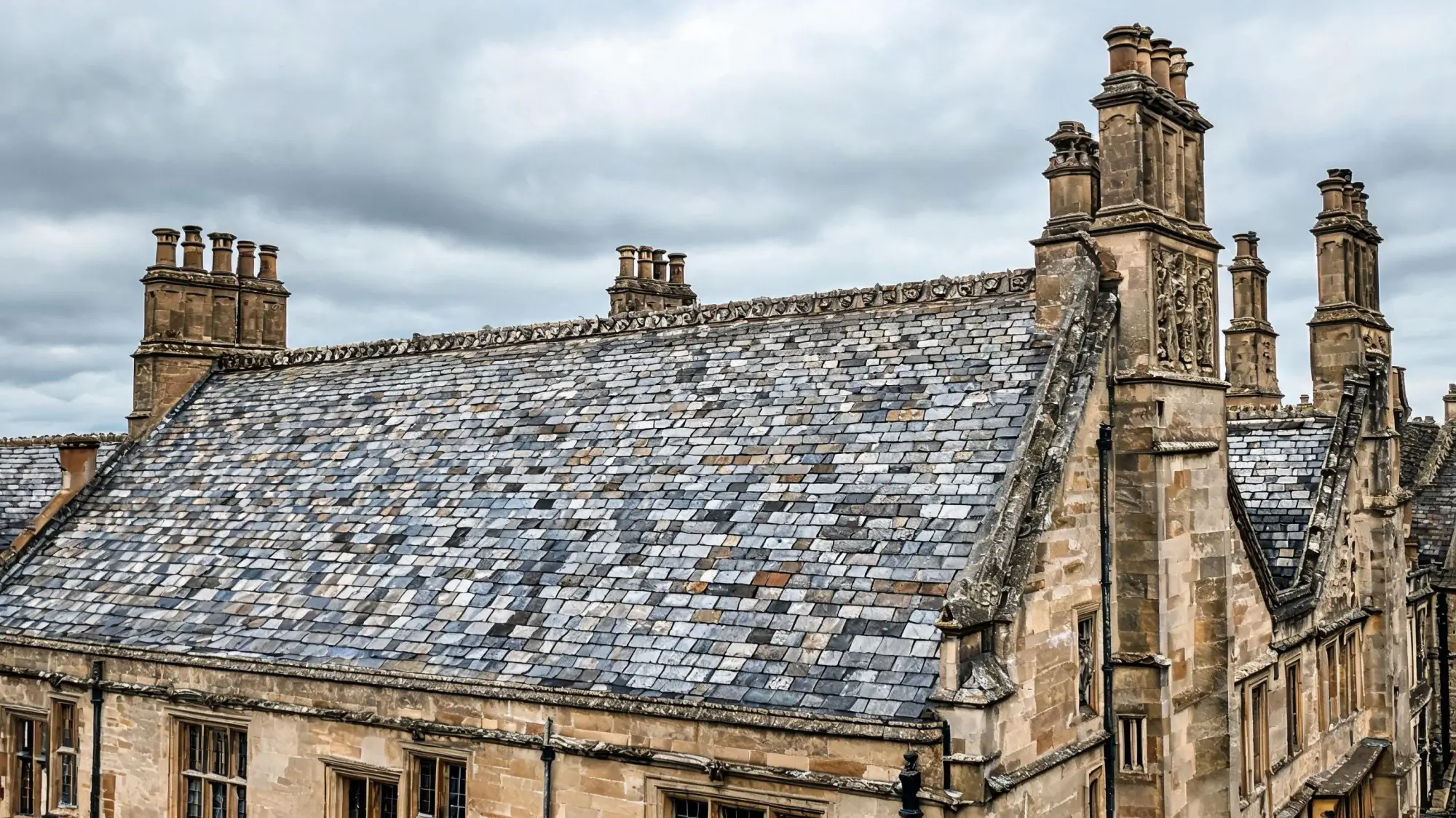 Close-up of natural roofing slate tile surface texture and colour variation
