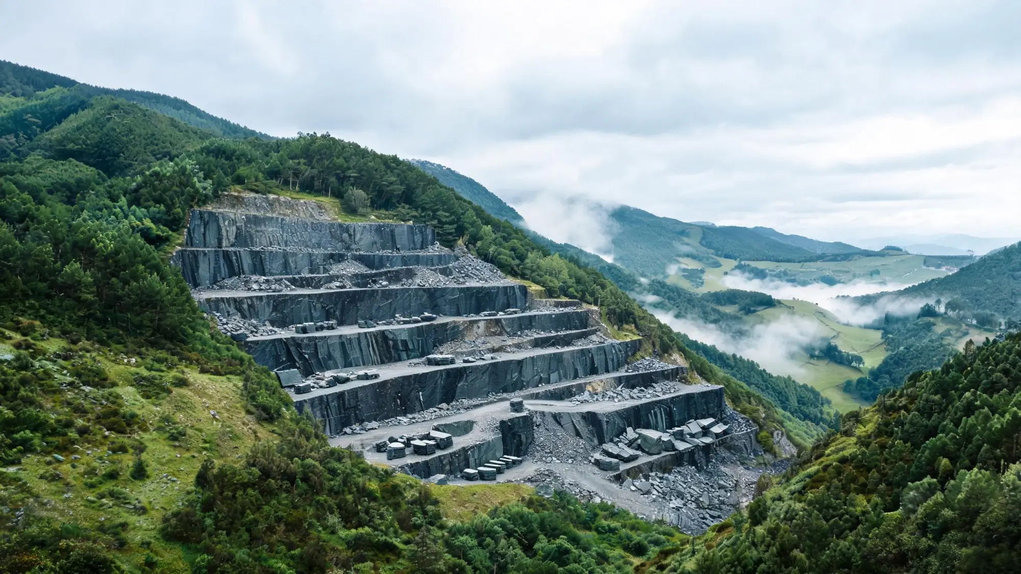 Slate quarry in a green Galicia mountain valley in northwest Spain