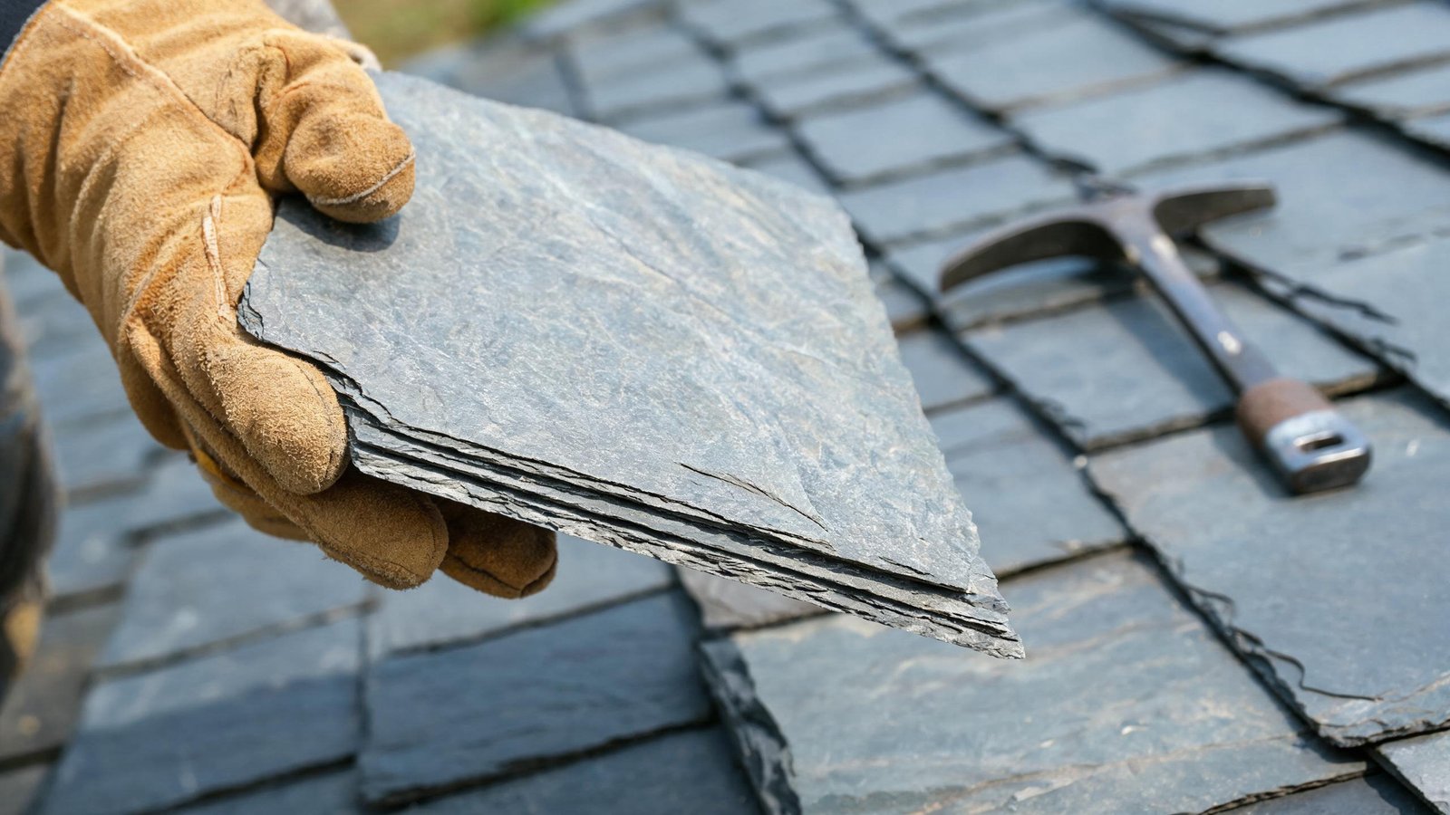How thick and strong a single roofing slate feels in the hand Roofer's gloved hand holding a piece of natural grey roofing slate
