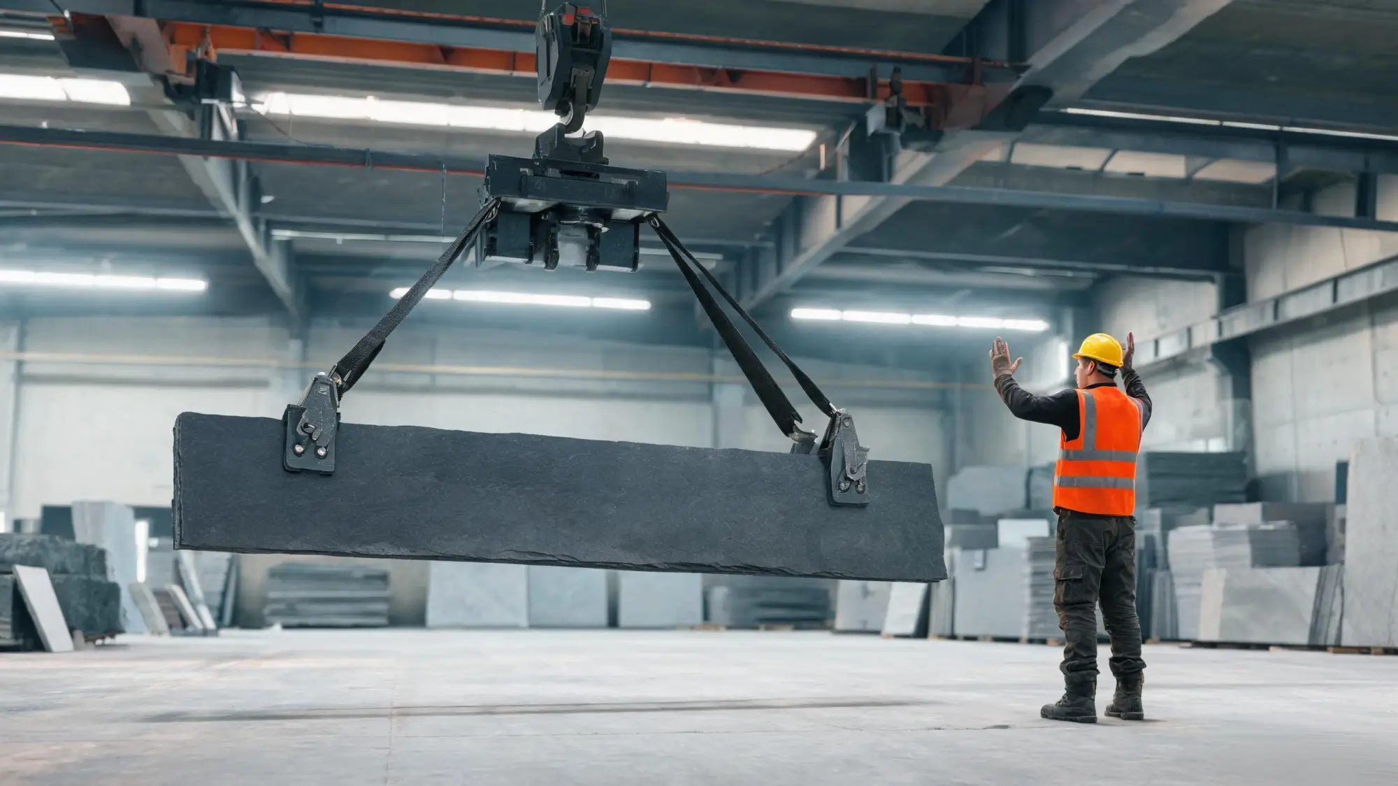 Single large slate panel suspended horizontally from a gantry crane with thick lifting slings, worker guiding from a safe distance