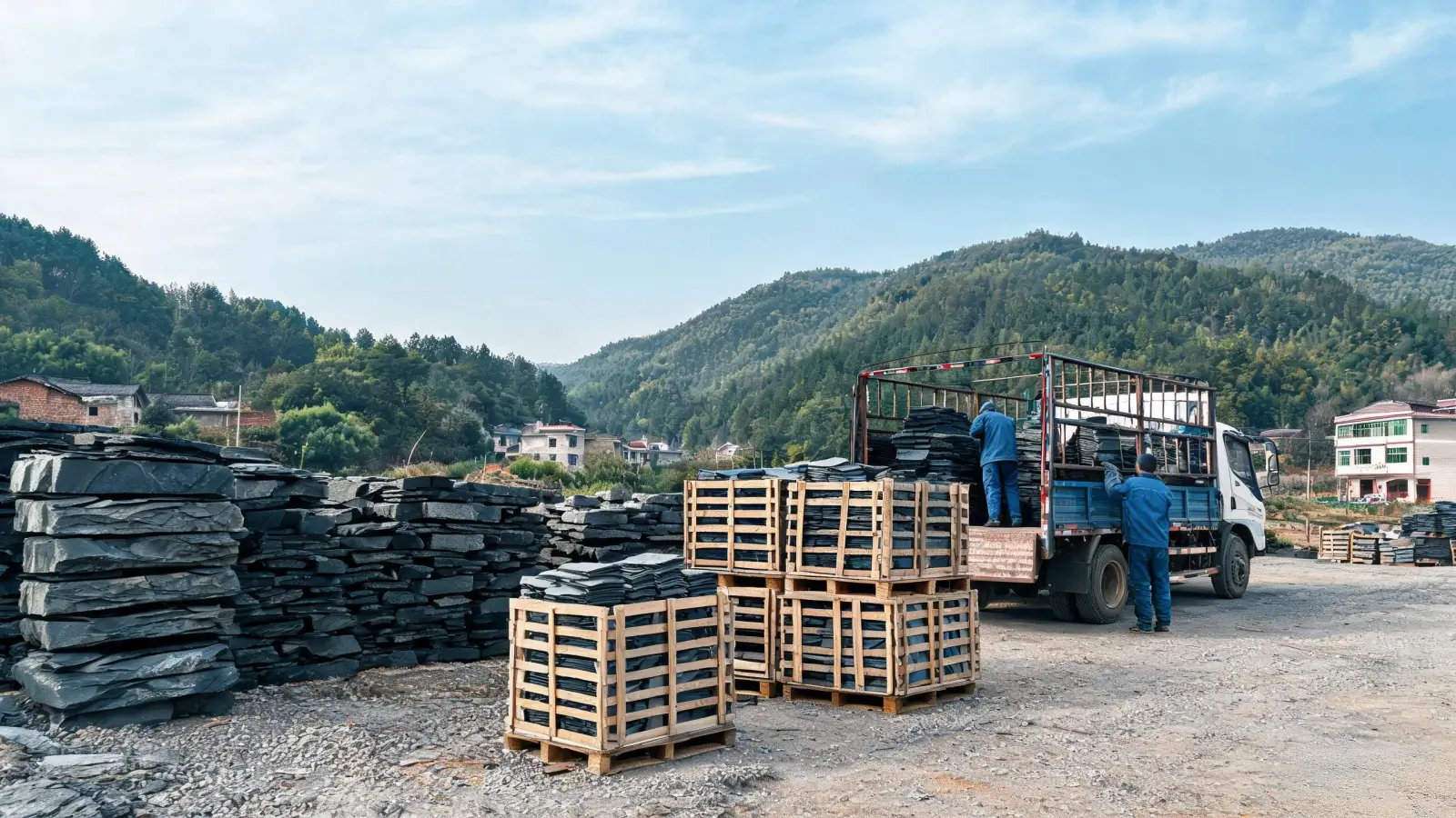 Slate blocks and wooden crates of finished roofing tiles stacked in a processing yard at Hengtang Town, in the slate belt of Jiujiang, China