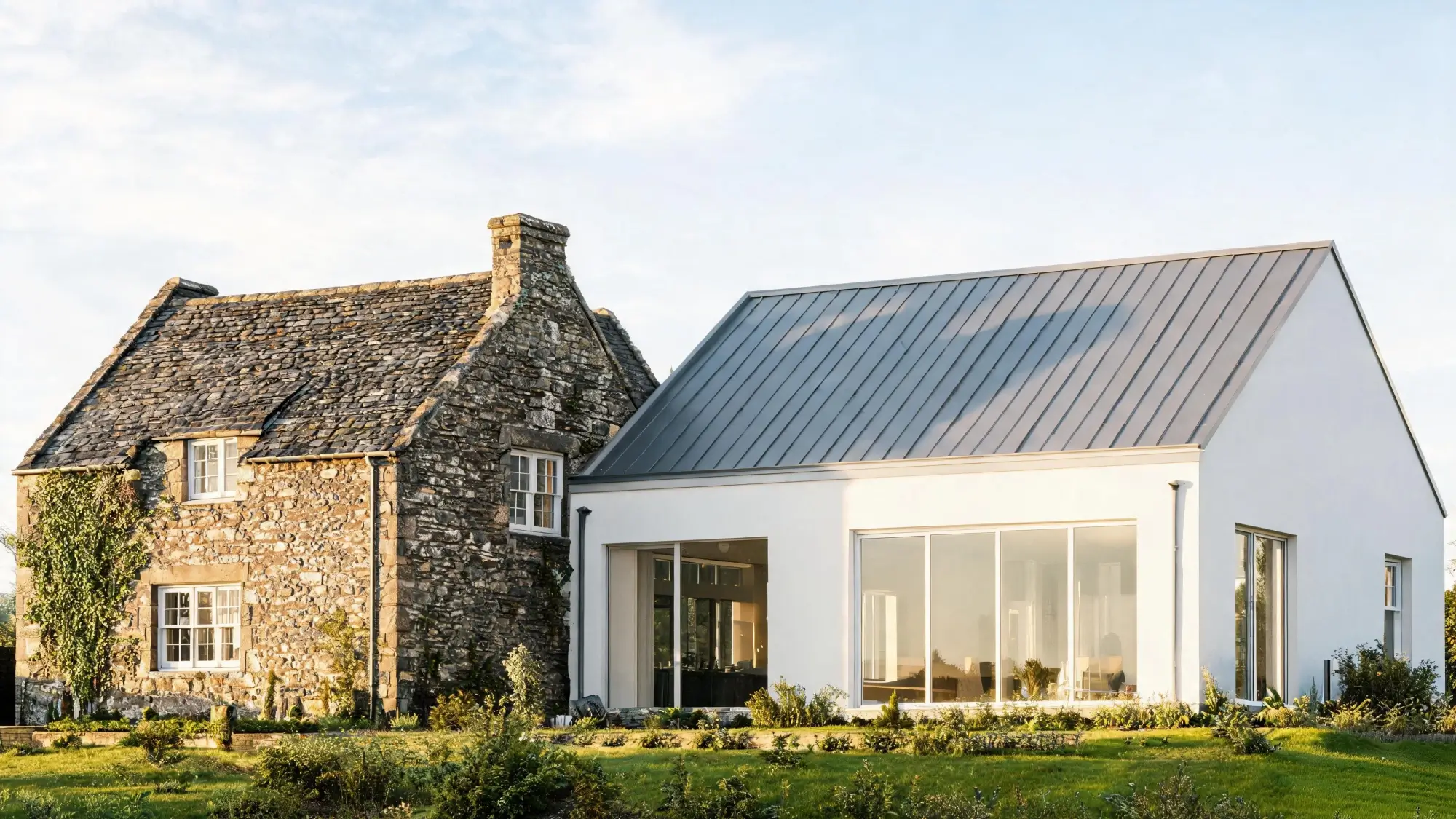 English heritage cottage with slate roof beside a modern metal-roofed house