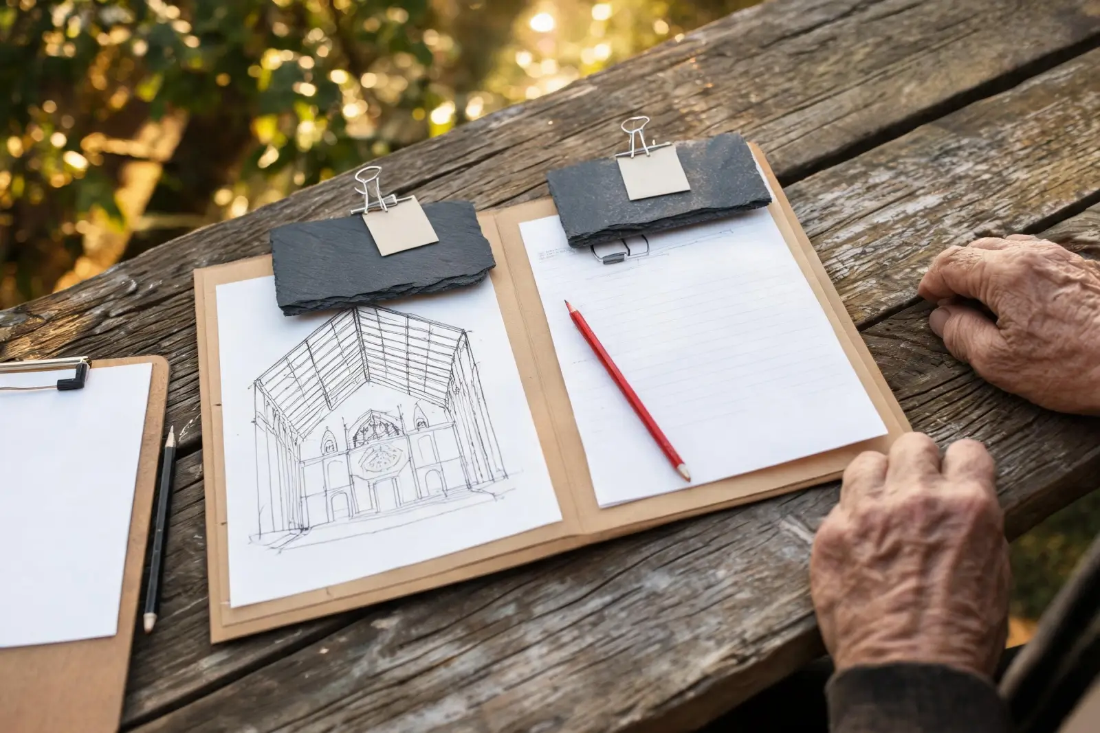 Heritage Building and Restoration Projects 1 Conservation survey folder with roof sketches, report and clipped slate samples on a wooden table