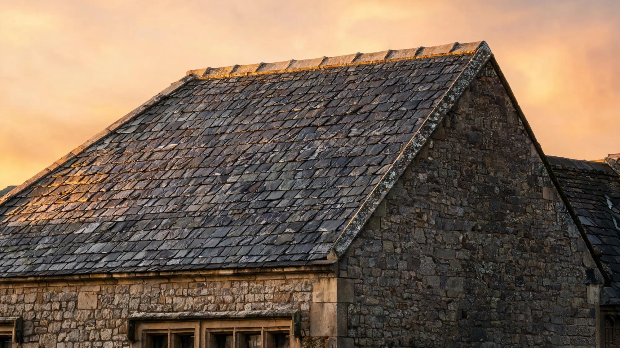 Heritage Barn Conversion Slate Roof at Golden Hour Heritage slate roof at golden hour showing uniform dark grey tiles in broken bond pattern