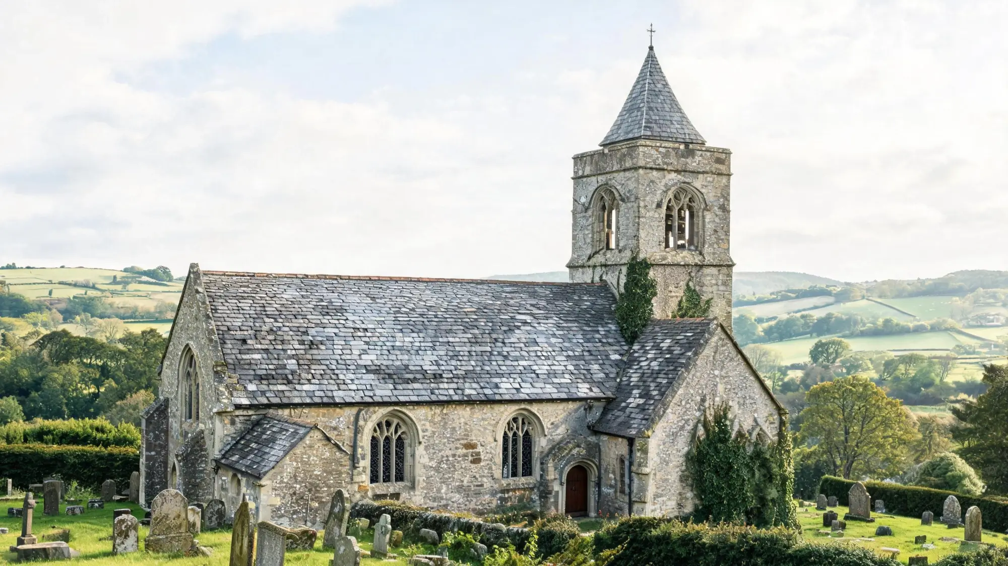 Church Restoration with Matched Slate Roof Historic stone church with restored slate roof showing seamless blend of old and new tiles