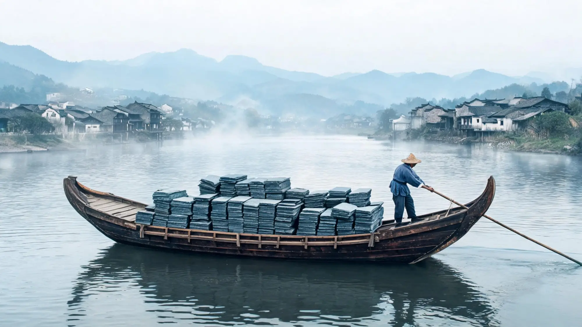 Traditional Chinese wooden cargo boat loaded with grey-blue slate blocks on a river near Jiujiang — the historic waterborne stone trade from Jiangxi to the coast