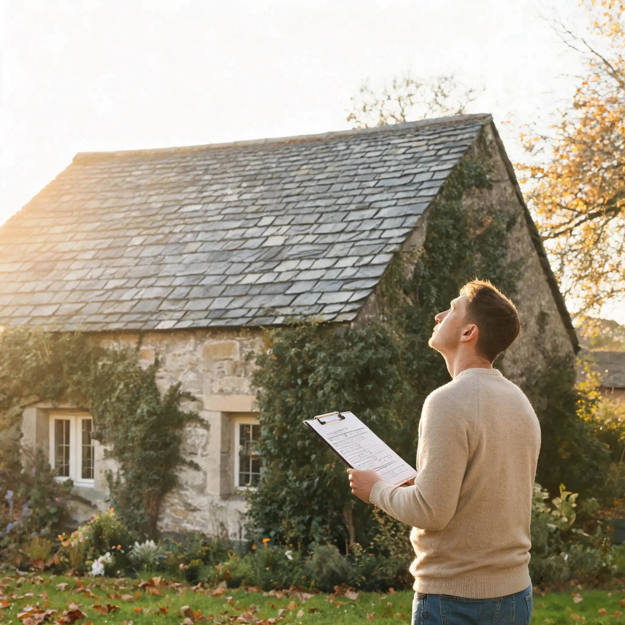 Slate Roof Maintenance Checklist 1 A homeowner standing in a garden holding a clipboard checklist and looking up at a grey natural slate roof