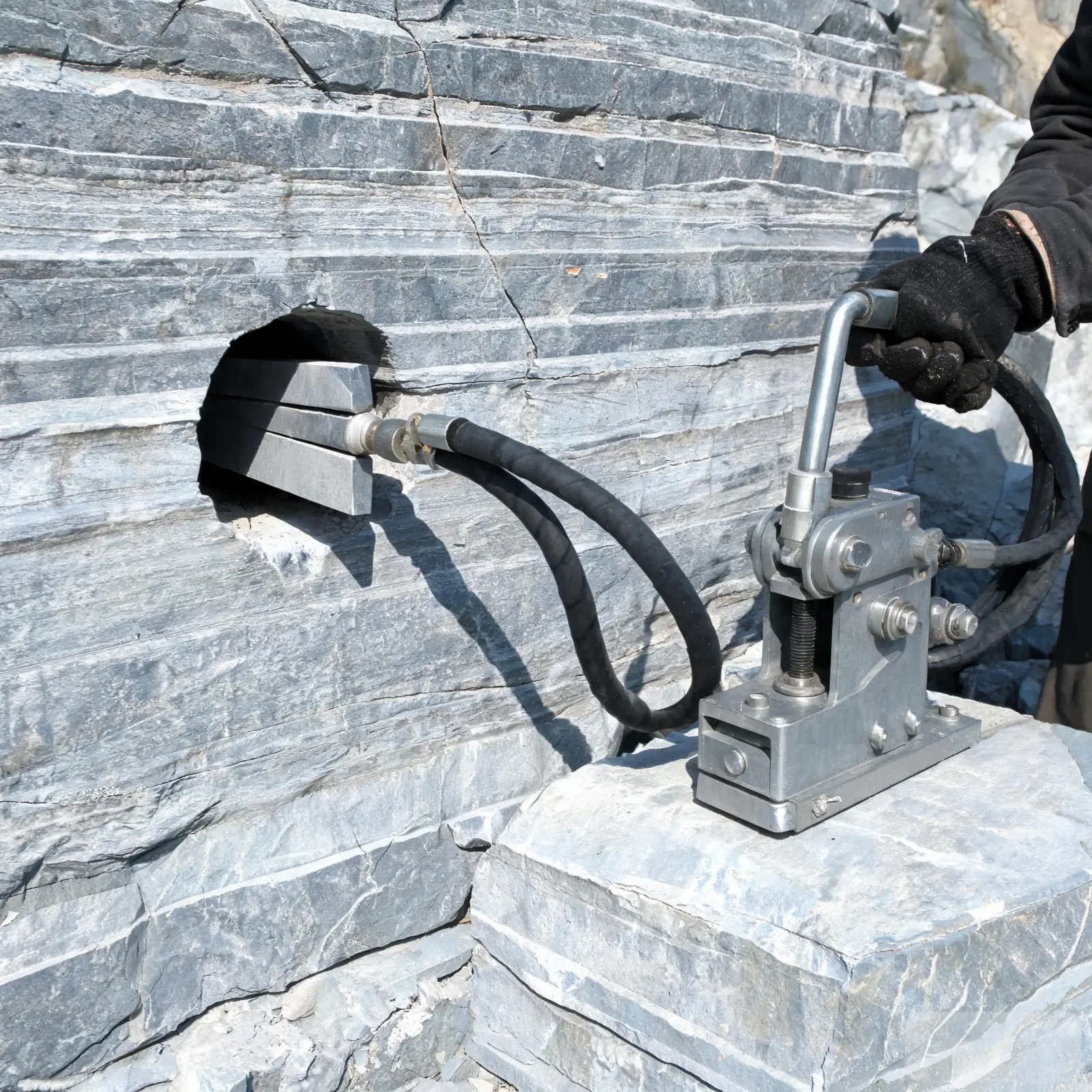 Hydraulic wedge system for breaking slate blocks along cleavage Hydraulic wedge being inserted into a drill hole in grey slate for controlled block breaking