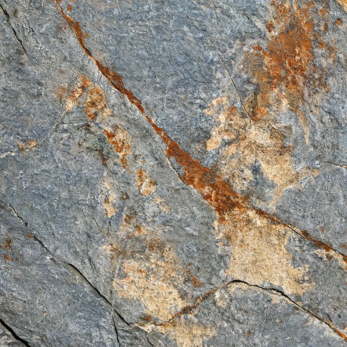 Weathered slate tile surface showing iron mineral oxidation with rusty brown highlights on grey base