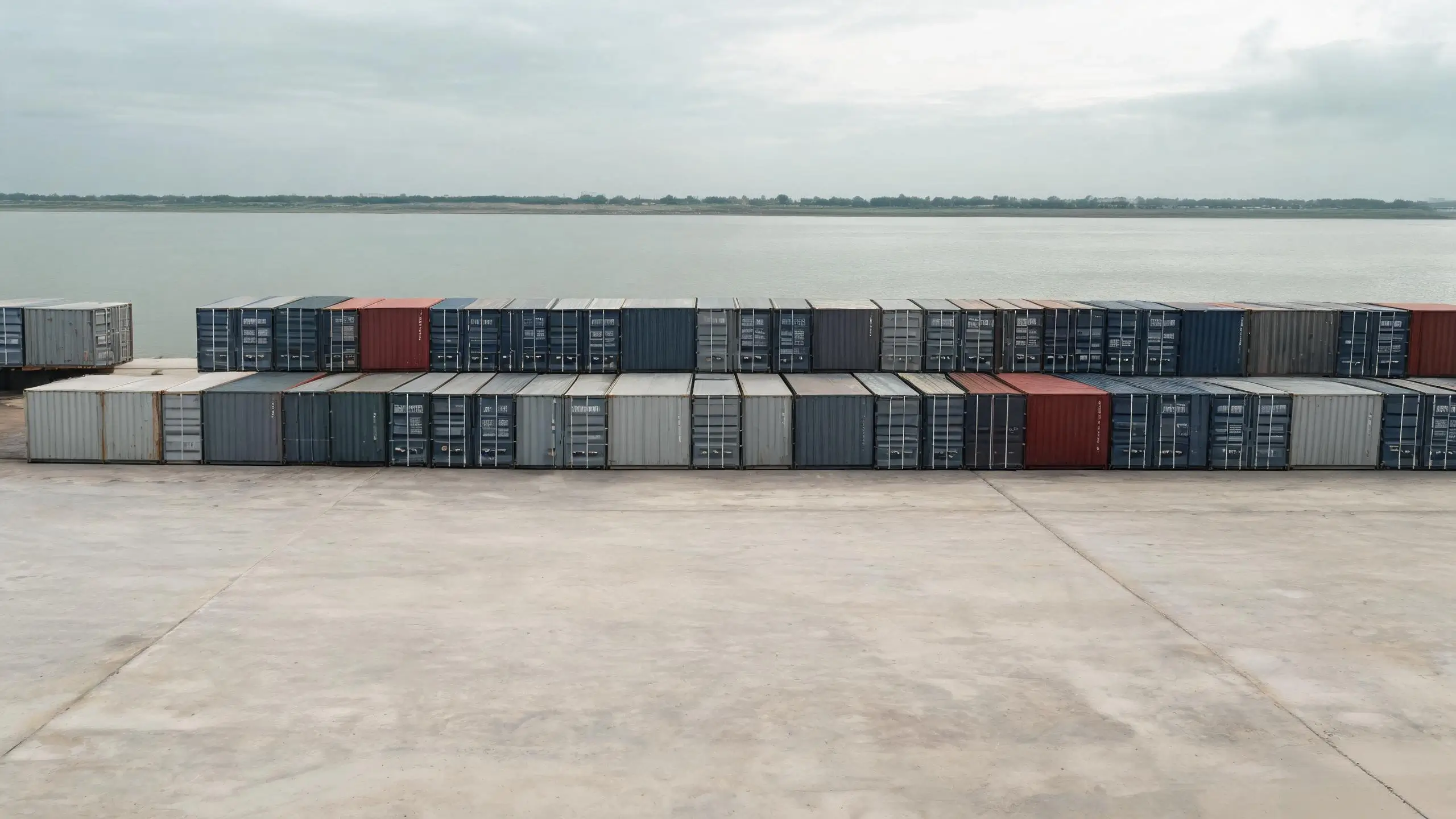 Jiujiang Port container yard on the Yangtze River Container yard with stacked shipping containers along the Yangtze River at Jiujiang, wide river view behind