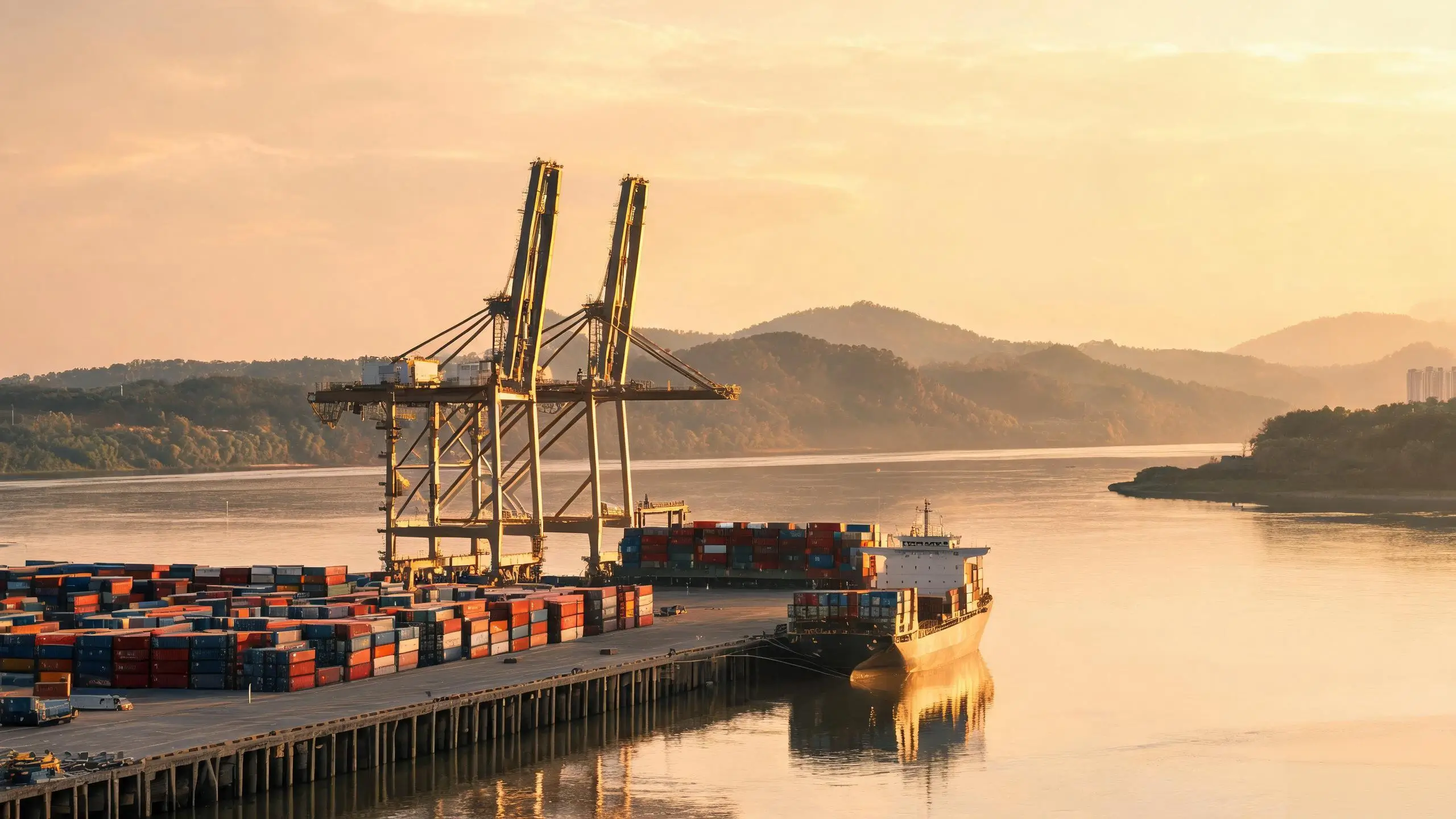 How to Source Jiujiang Slate Directly 6 Container terminal on the Yangtze River at Jiujiang with gantry cranes and cargo vessel