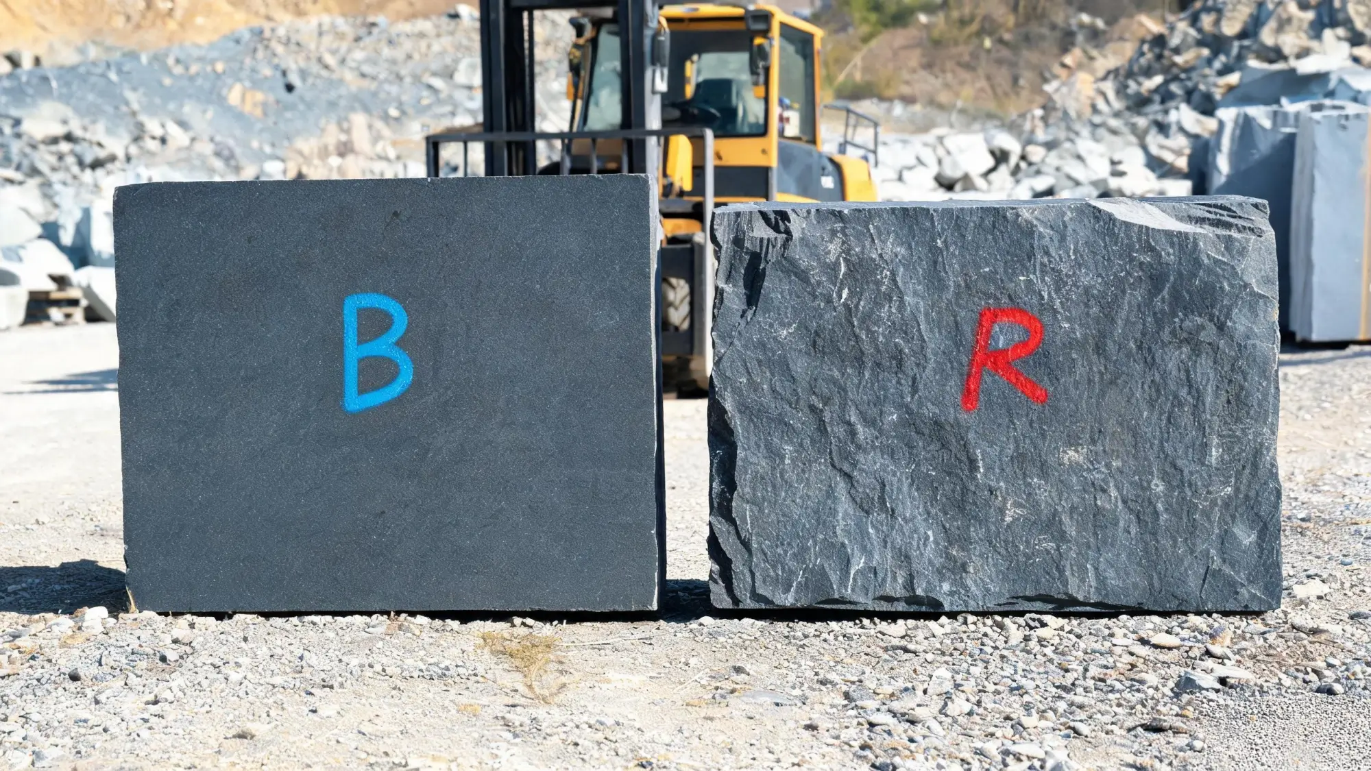 What Makes Jiujiang Slate Different? 5 Two slate blocks marked B for billiard and R for roofing in a quarry yard