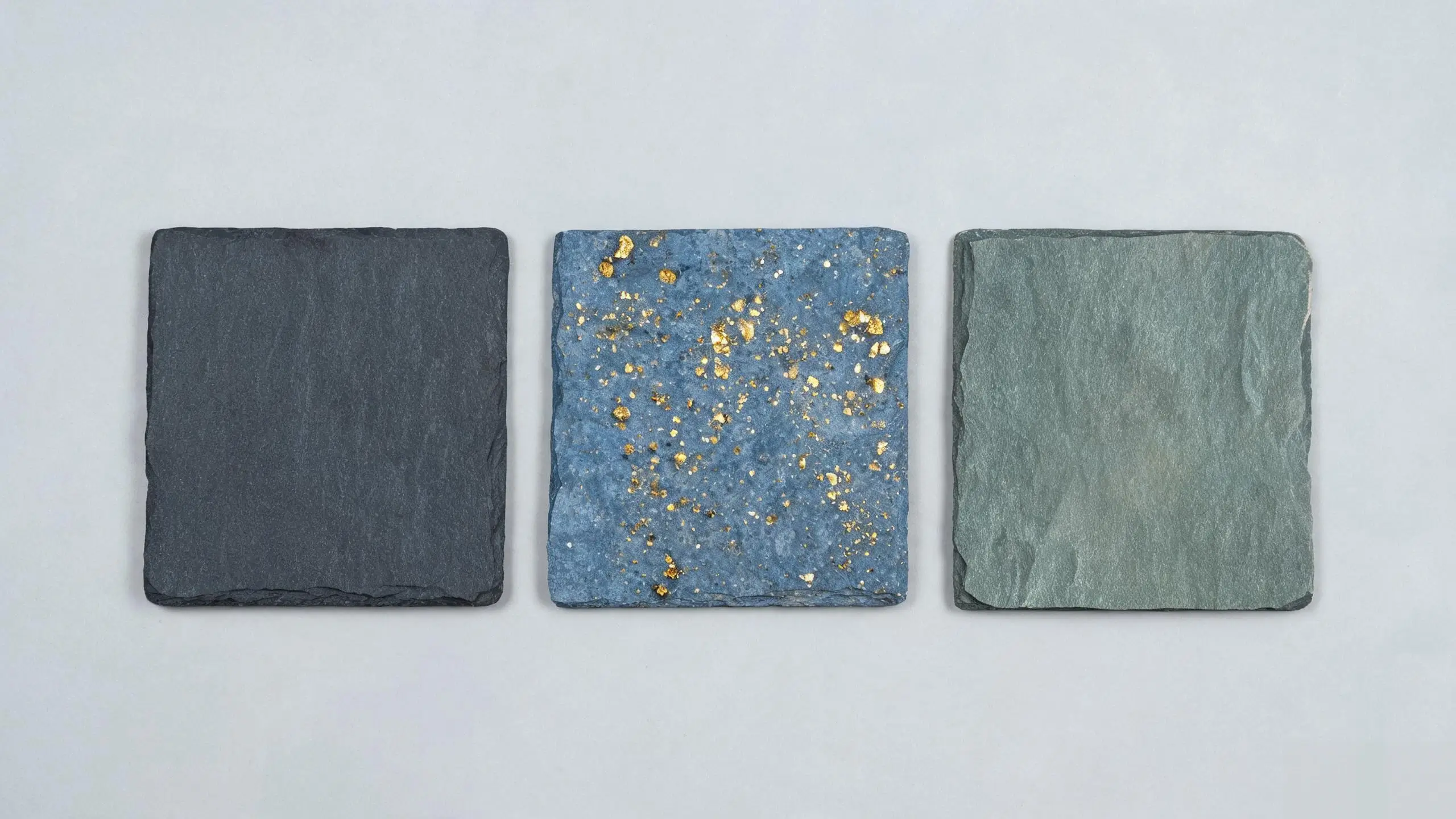 Jiujiang slate colour range — three samples side by side Three Chinese slate colour samples — charcoal, blue-grey, green-grey