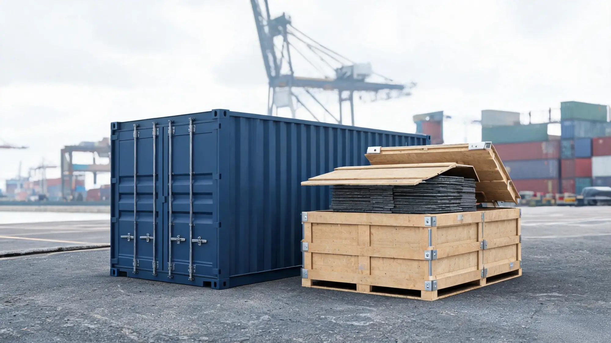 Wooden crates of slate stacked inside a shipping container at a port