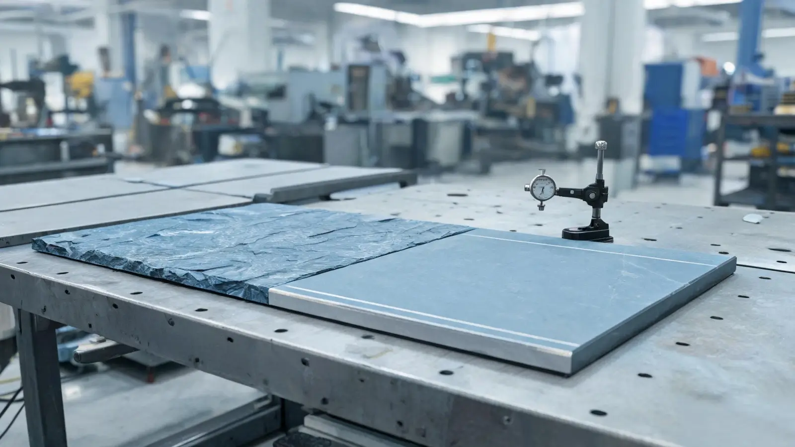 Jiujiang Slate Density 5 A machined Jiujiang slate billiard bed panel on a worktable, half natural riven face and half machined smooth track, with a dial indicator beside it