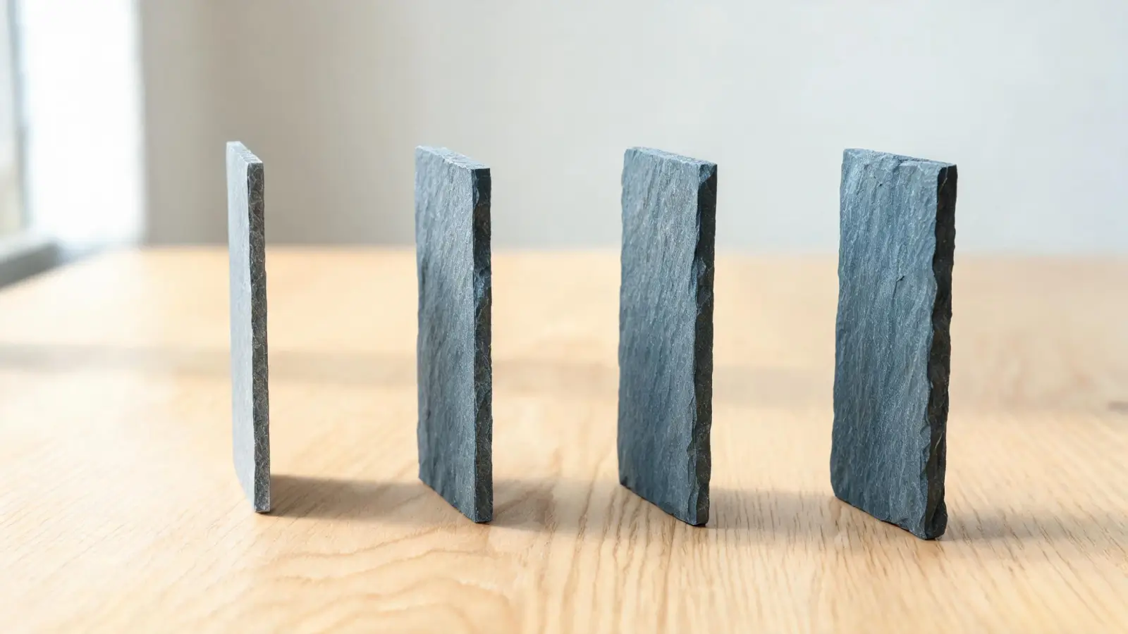 Jiujiang Slate Density 3 Four slate sample tiles of different thicknesses standing upright in a row on a wooden workbench