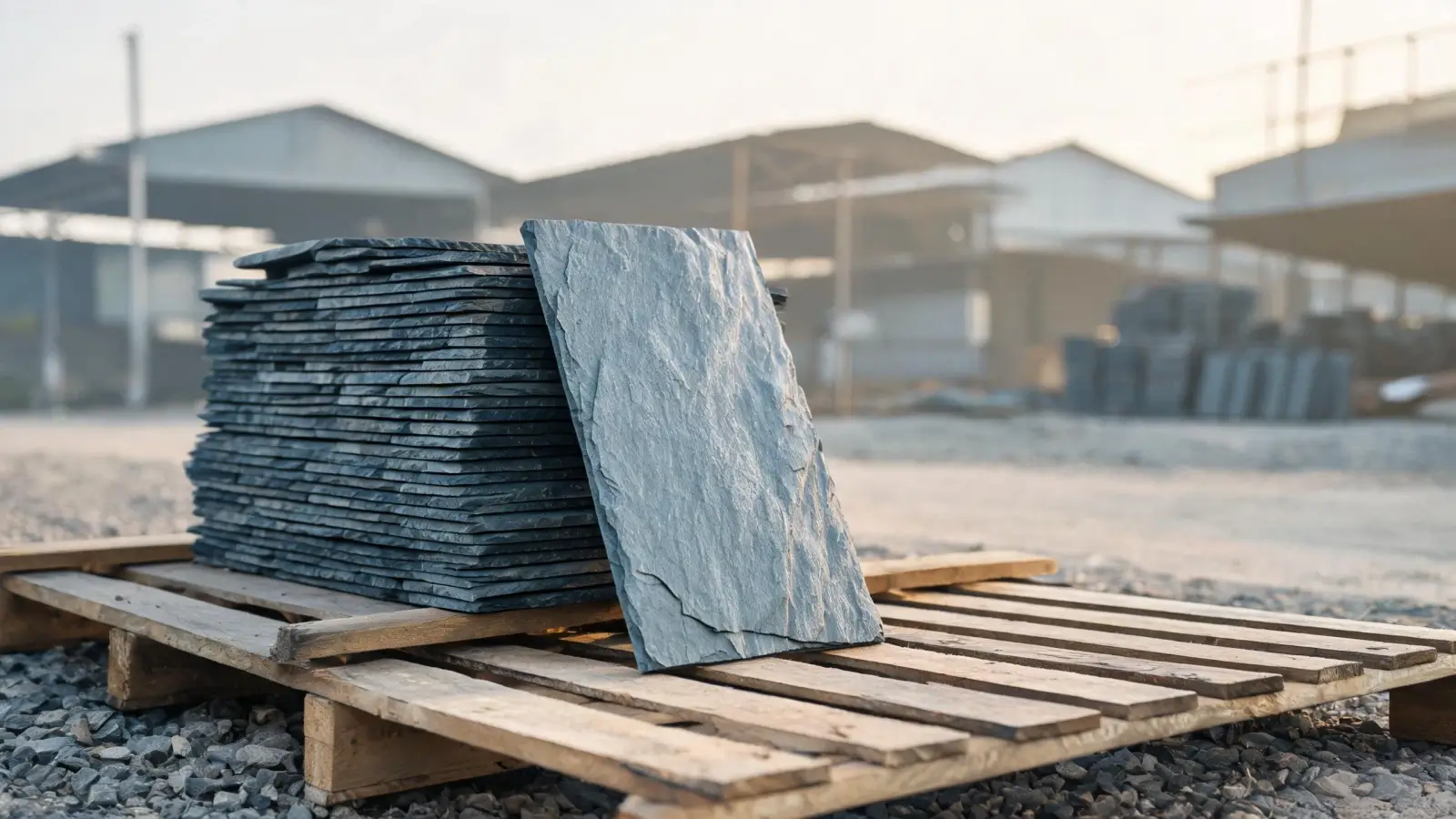 Jiujiang Slate Density 1 A single grey Jiujiang slate roofing tile leaning against a stack on a wooden pallet in a factory yard