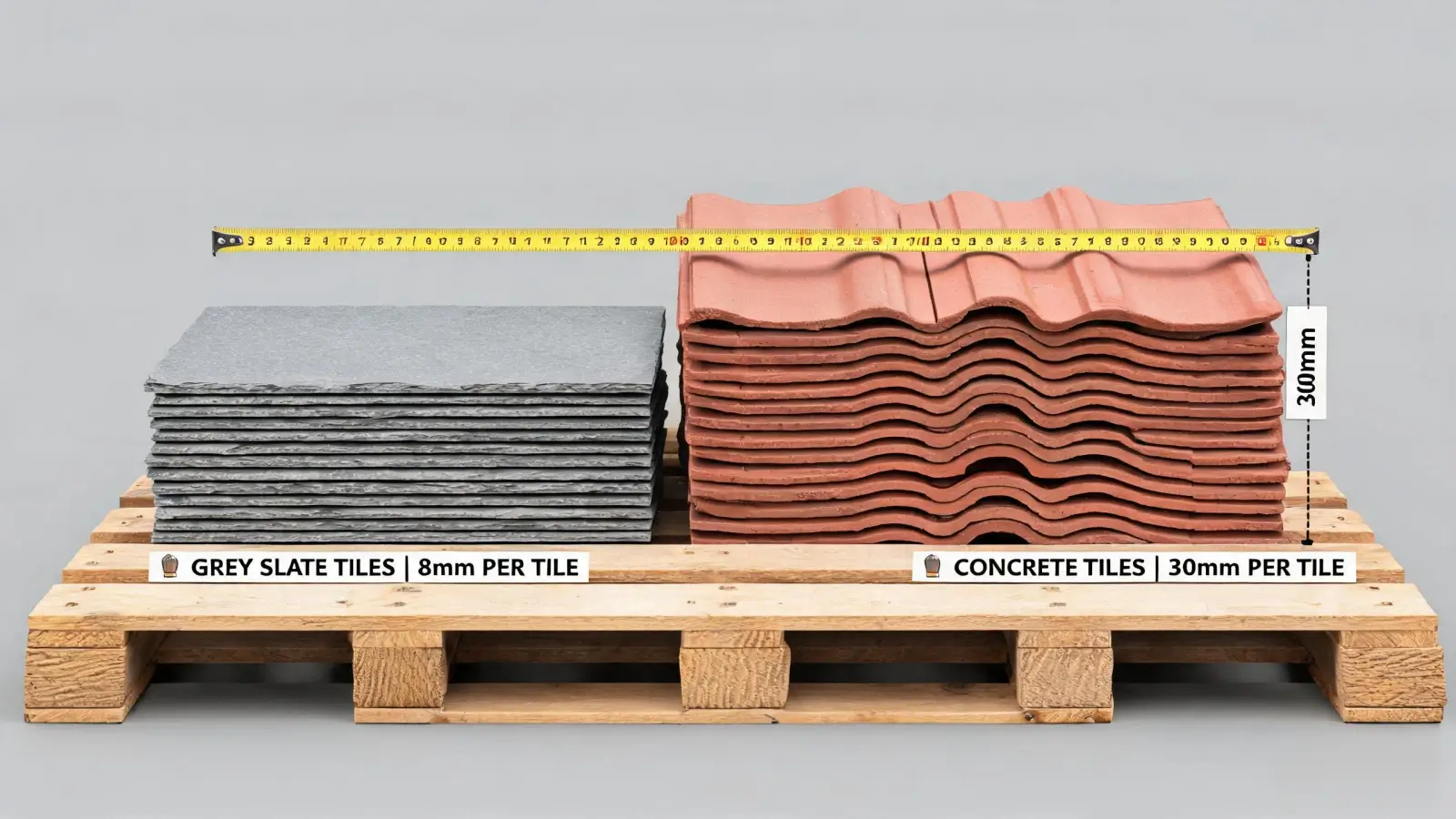 Jiujiang Slate Density 7 A stack of thin 8mm natural slate tiles beside a much bulkier stack of 30mm concrete roof tiles on a pallet