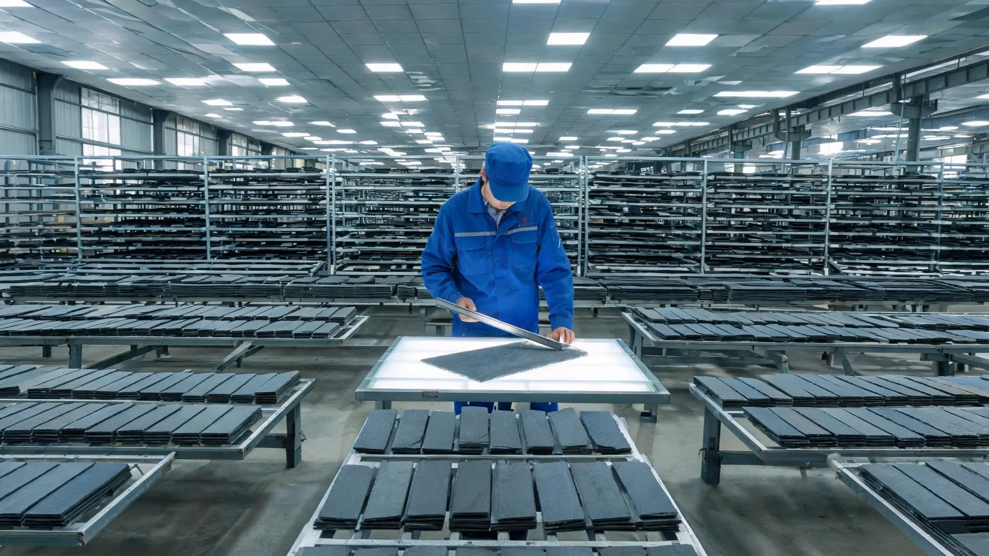 What Makes Jiujiang Slate Different? 4 Factory inspection of roofing slate tiles on backlit inspection table