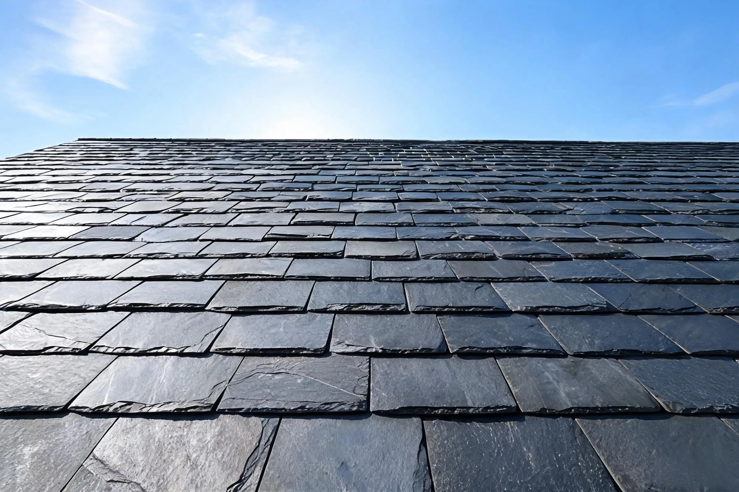 Jiujiang Slate Flatness & Dimensional Stability 3 A dark grey natural slate roof under bright sunlight showing flat stable tiles that maintain their shape in temperature extremes