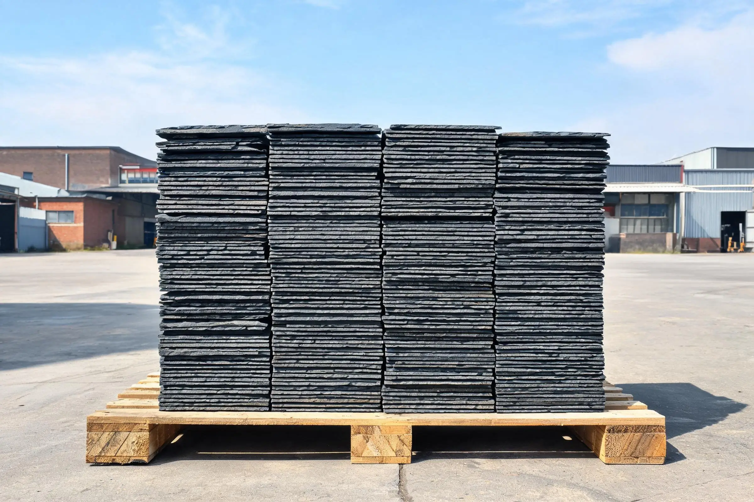 Jiujiang Slate Flatness & Dimensional Stability 5 Neatly stacked dark grey natural slate roofing tiles on a wooden pallet in a factory yard showing consistent flat uniform dimensions