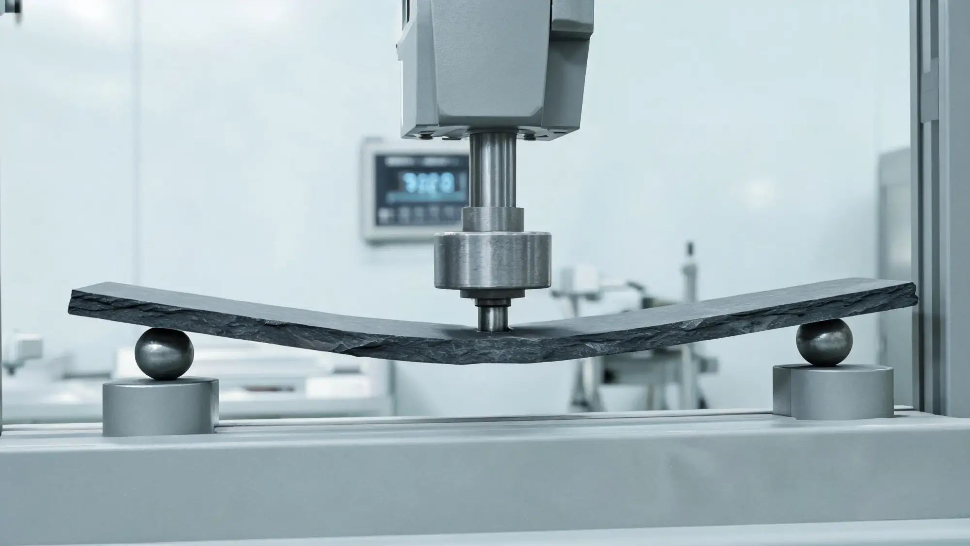 Three-point bending test machine pressing on a thin dark slate bar sample in a materials laboratory