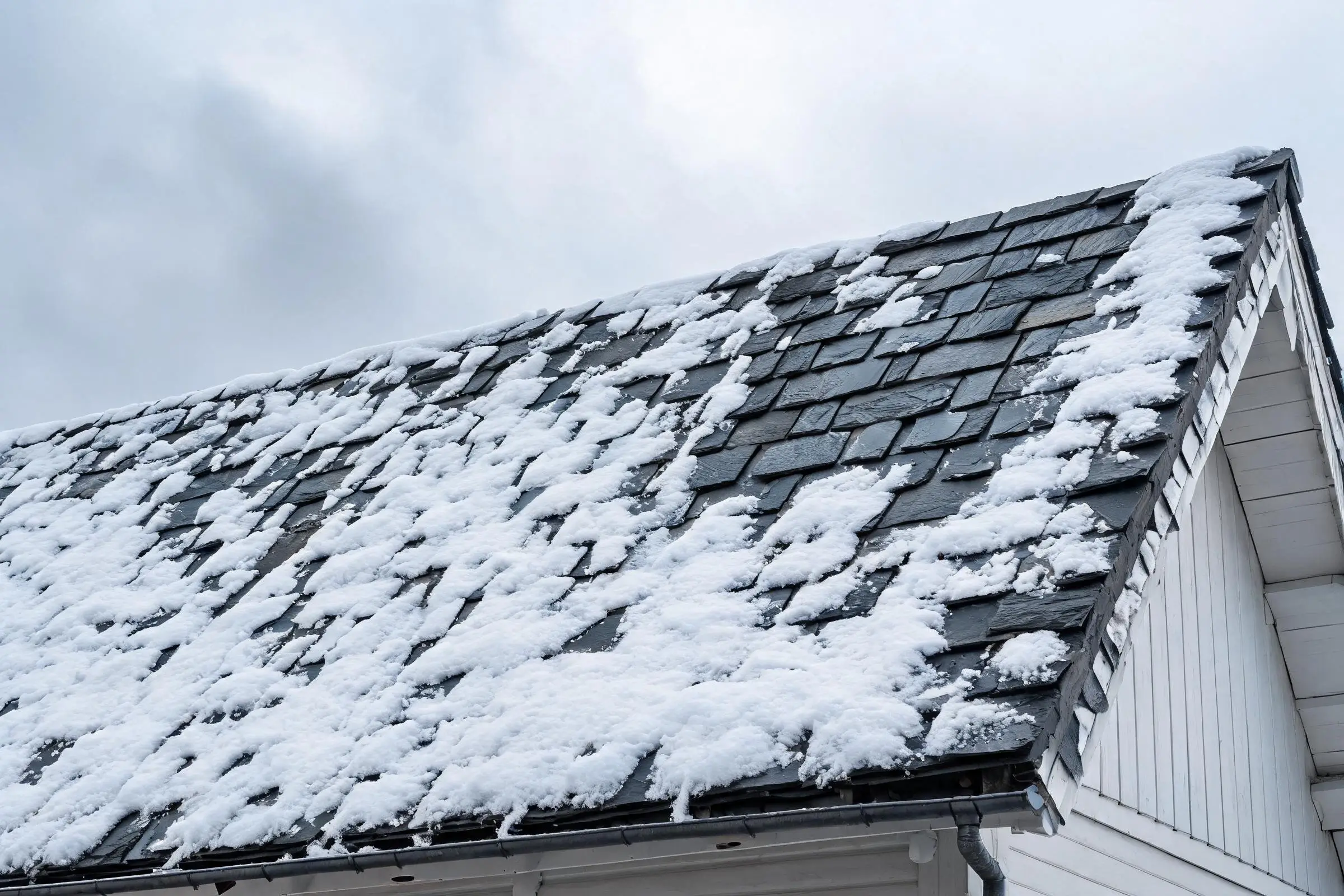 Jiujiang Slate Flexural Strength 2 Heavy snow accumulation on a dark grey natural slate roof with tiles intact under the weight