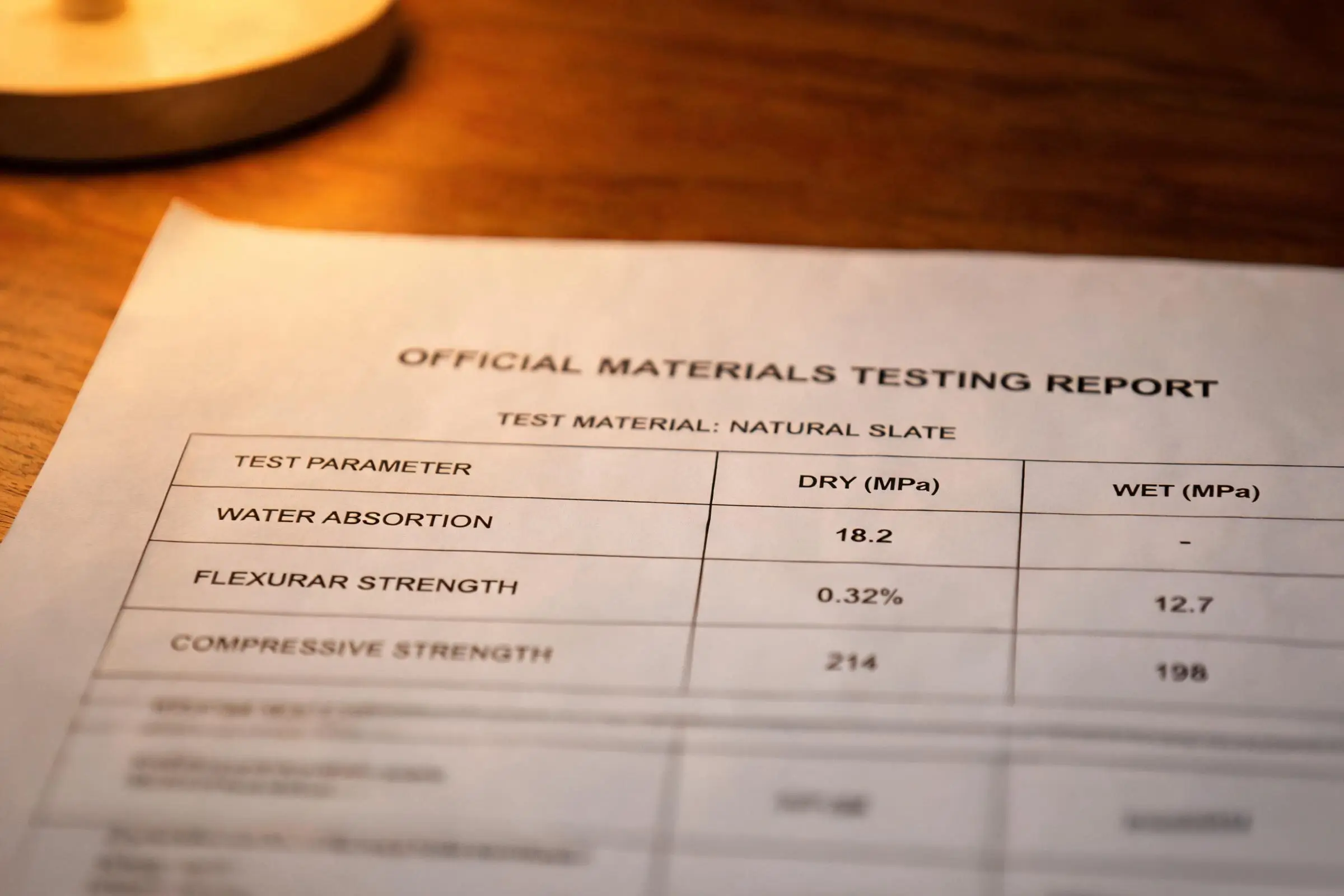 Jiujiang Slate Flexural Strength 6 Close-up of a slate test report showing the flexural strength row with dry and wet values in MPa clearly legible